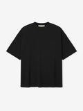 black medium-weight cotton poly pique knit tee with oversized 90s fit and subtle embroidered branding on chest