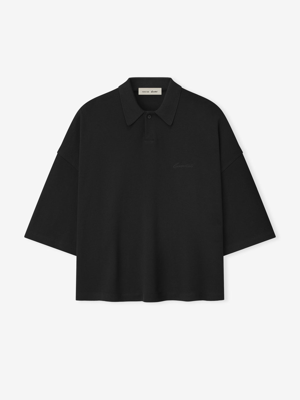 black medium-weight cotton poly pique cropped polo with oversized 90s fit and 3/4 sleeves