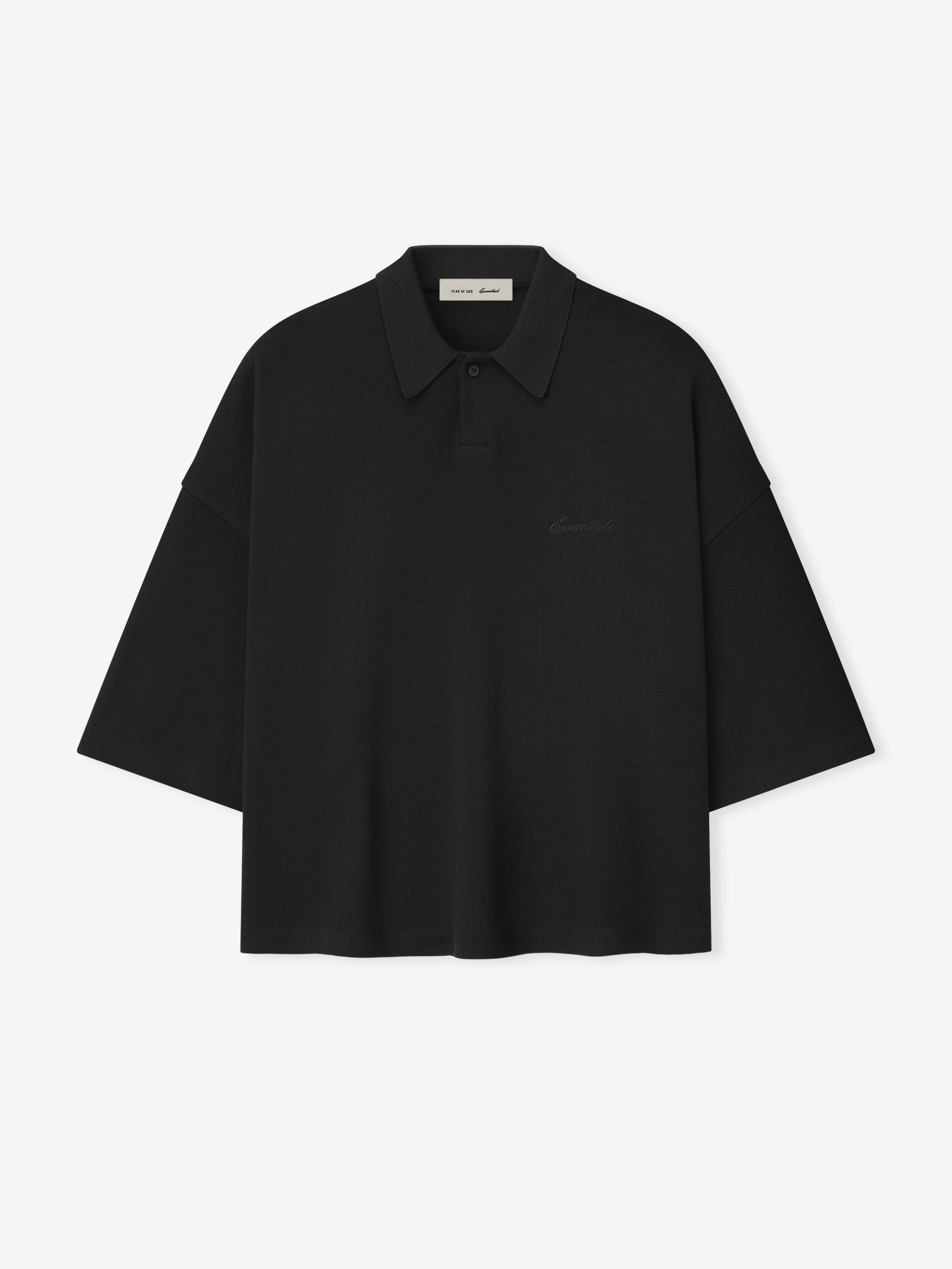 black medium-weight cotton poly pique cropped polo with oversized 90s fit and 3/4 sleeves