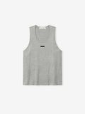 light grey rib-knit tank top for women with scoop neckline and minimalist black logo patch on chest