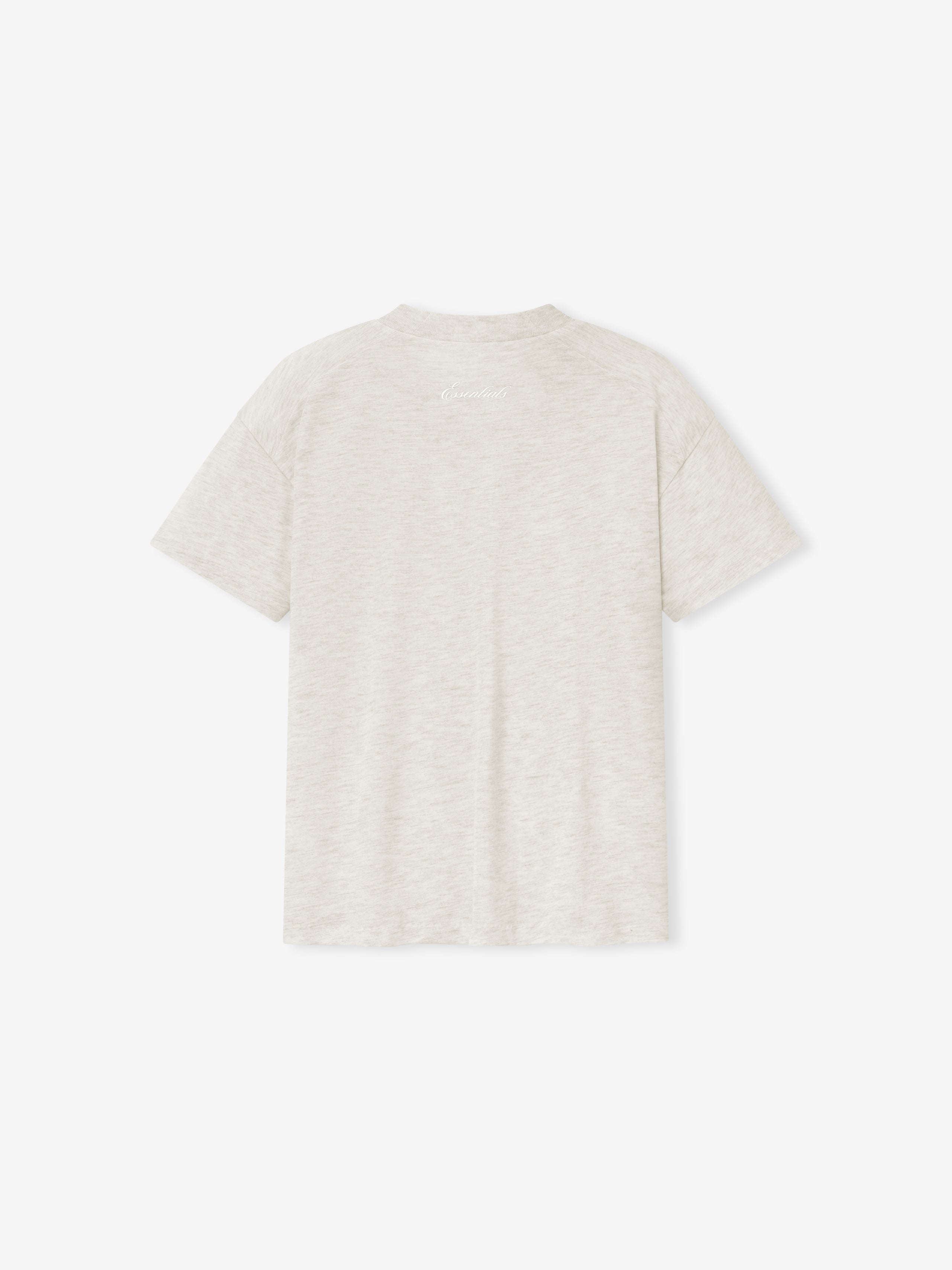 back view of women's lightweight cotton blend jersey tee in soft natural hue with ribbed crewneck