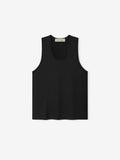 black brushed jersey tank top for women with relaxed fit and dropped armholes, featuring back collar Essentials label