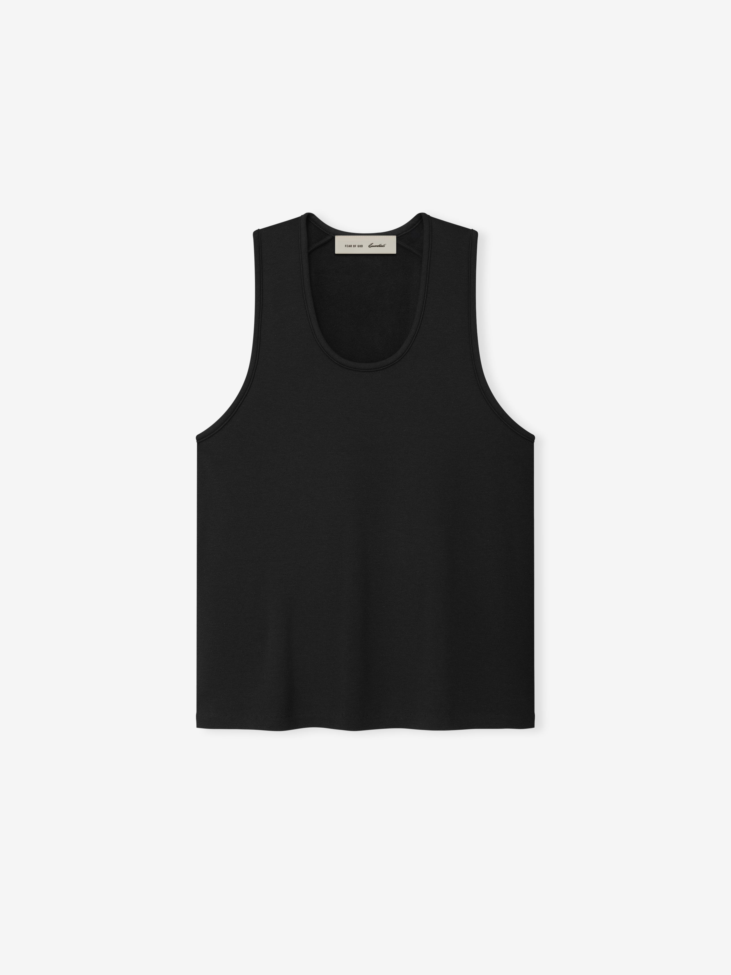 black brushed jersey tank top for women with relaxed fit and dropped armholes, featuring back collar Essentials label