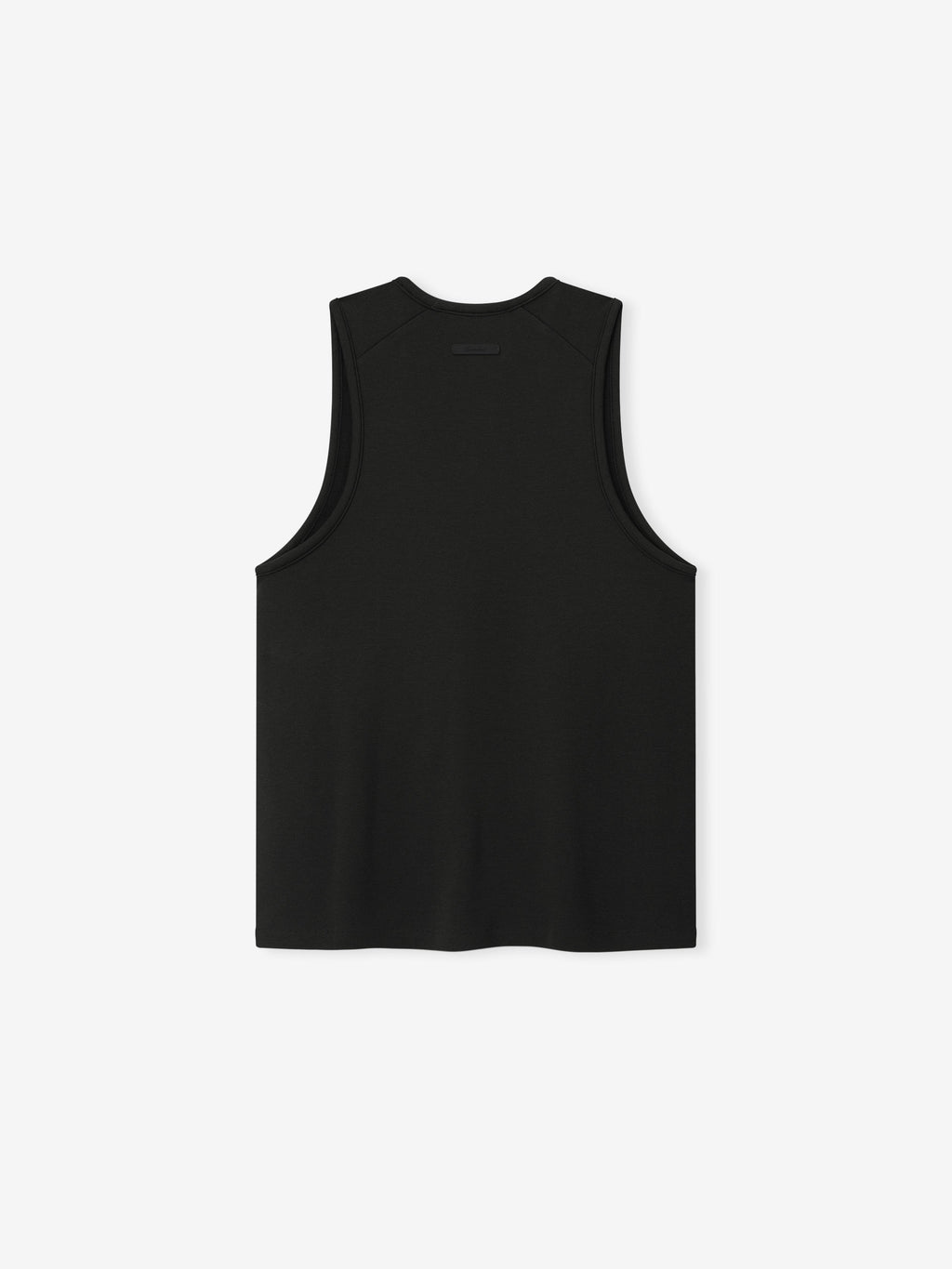 back view of women's black brushed jersey tank with relaxed fit, dropped armholes, and signature Essentials label at collar