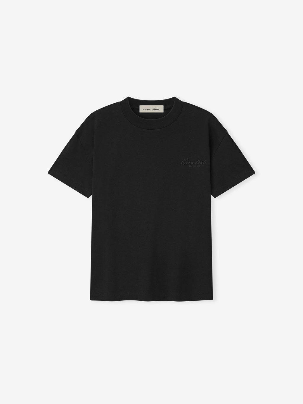 black heavyweight cotton jersey classic fit short sleeve tee with tonal puff-printed Essentials logo on chest