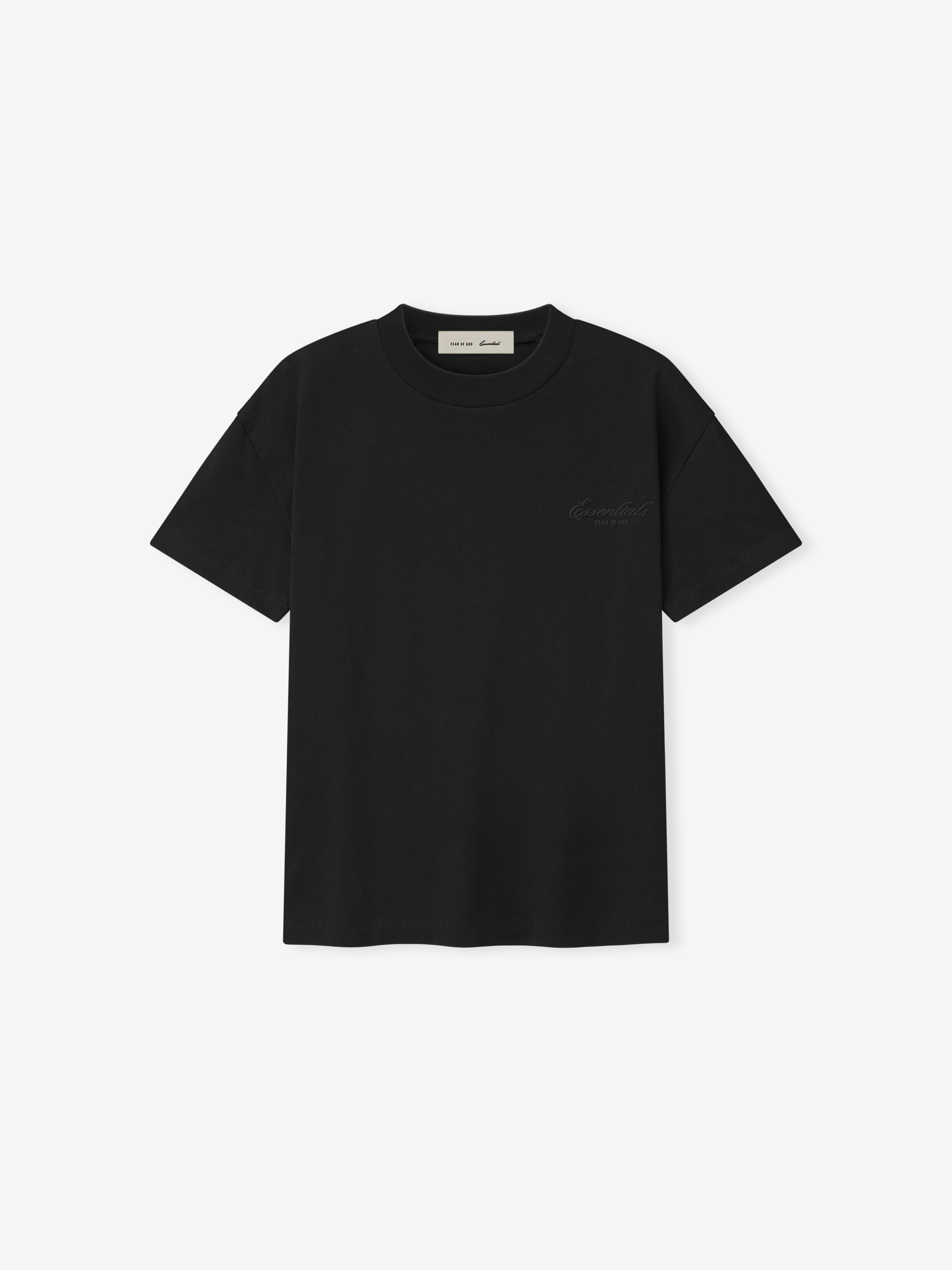 black heavyweight cotton jersey classic fit short sleeve tee with tonal puff-printed Essentials logo on chest