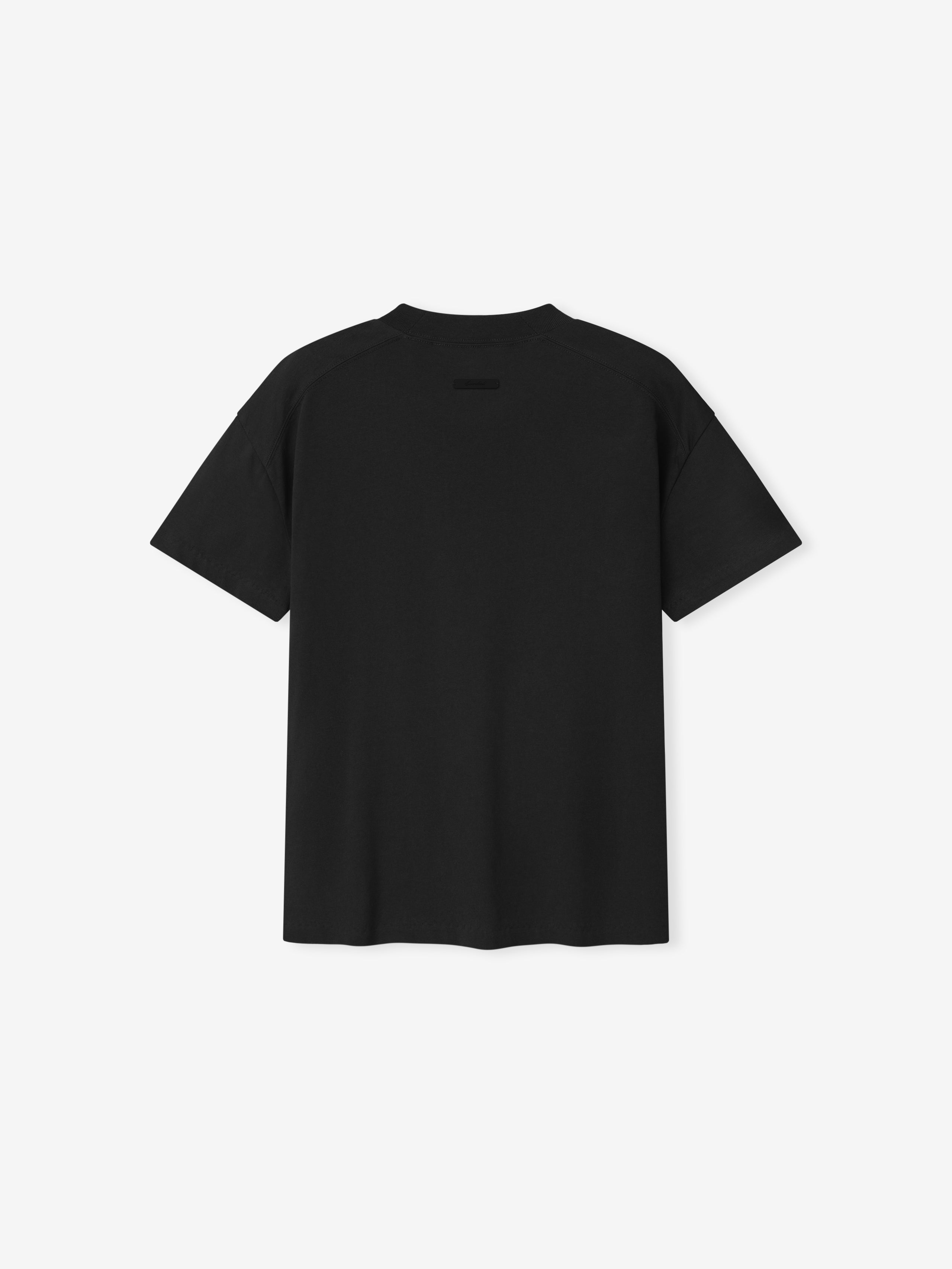 back view of black 220GSM cotton jersey classic fit short sleeve tee with rib-knit crewneck