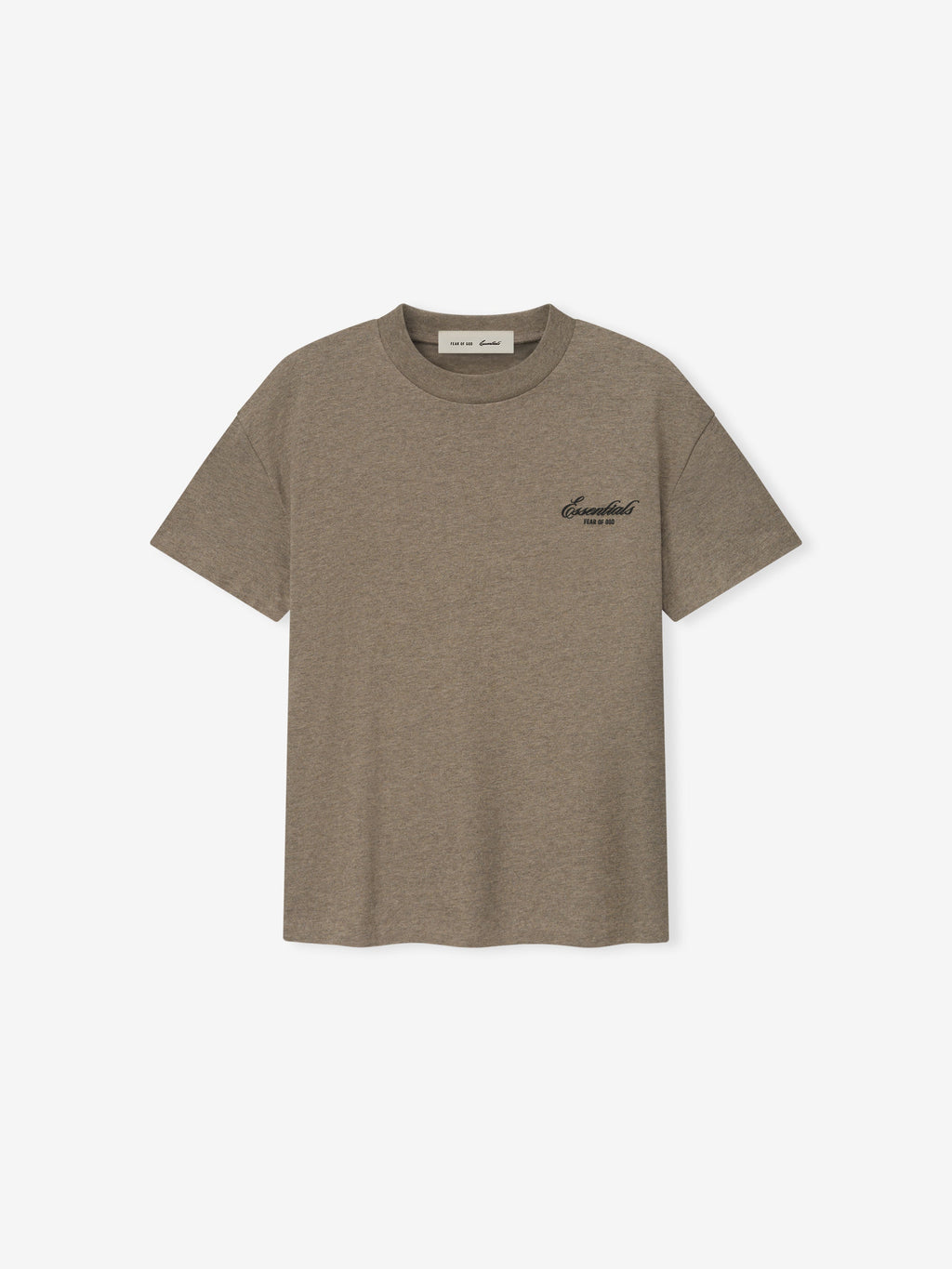 Brown short-sleeve crew neck t-shirt with small black cursive text logo on the upper left chest on a white background