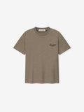 Brown short-sleeve crew neck t-shirt with small black cursive text logo on the upper left chest on a white background