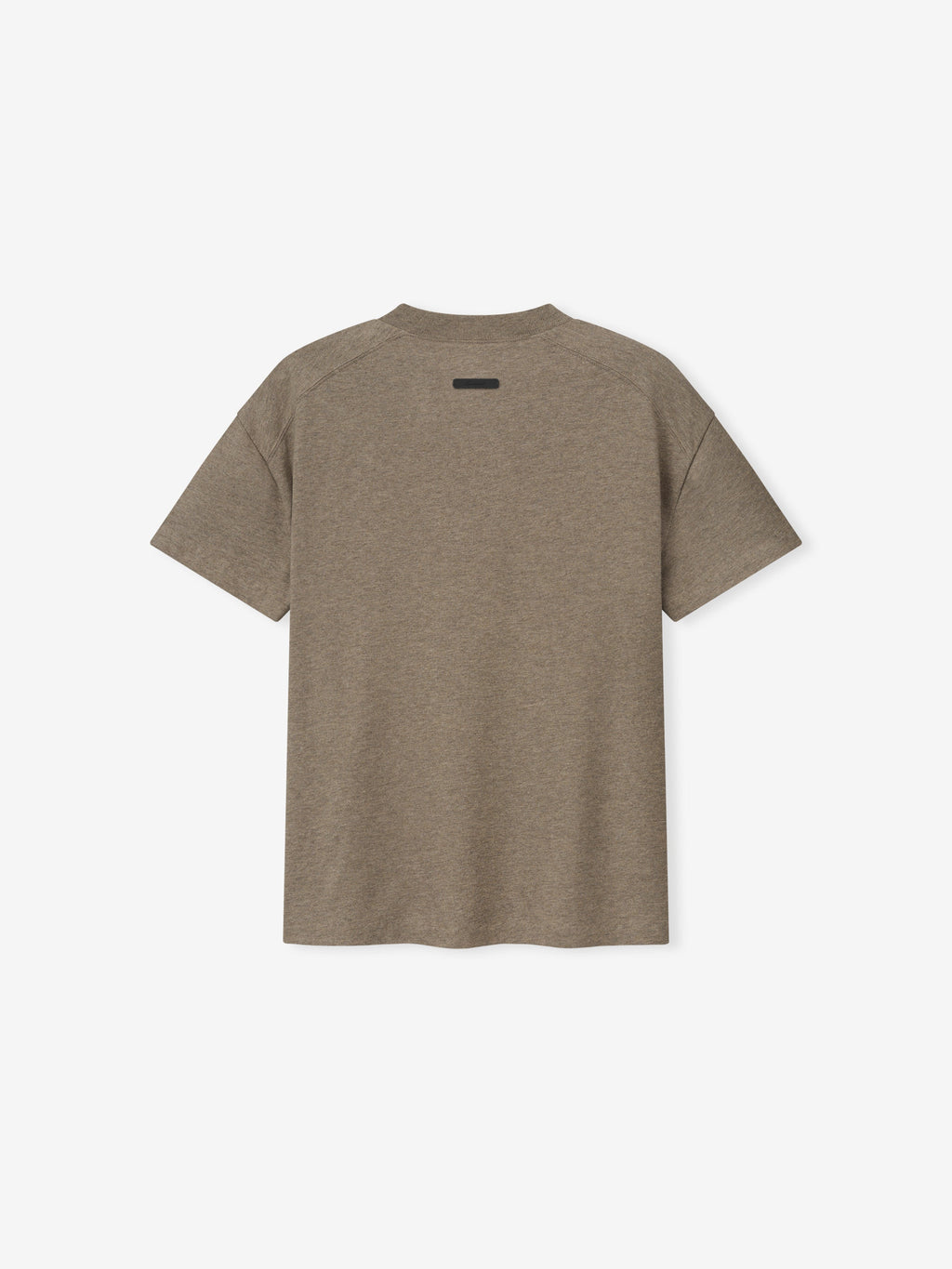 Back view of a brown short-sleeve t-shirt with a small black rectangular detail near the collar on a light background