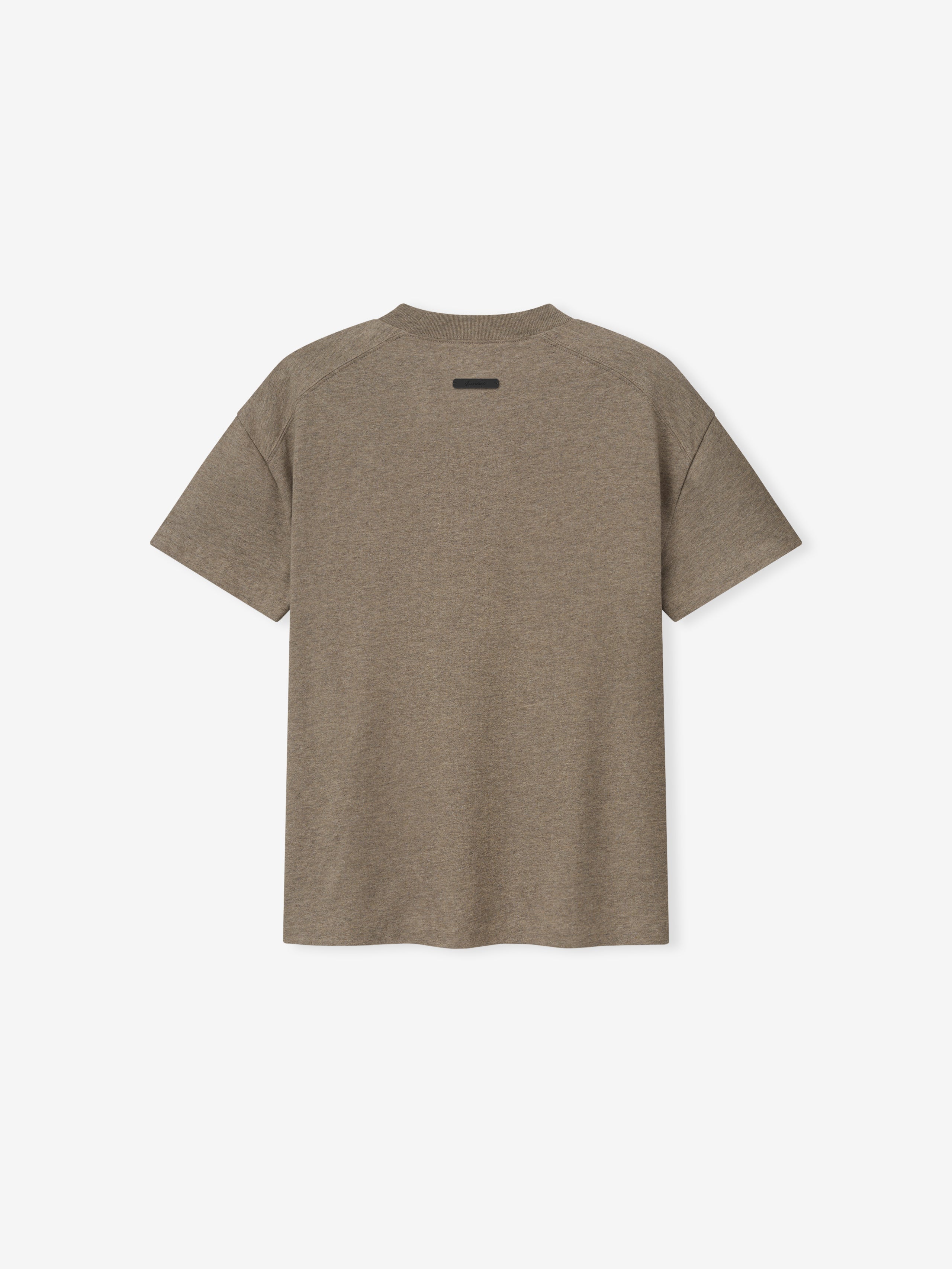 Back view of a brown short-sleeve t-shirt with a small black rectangular detail near the collar on a light background