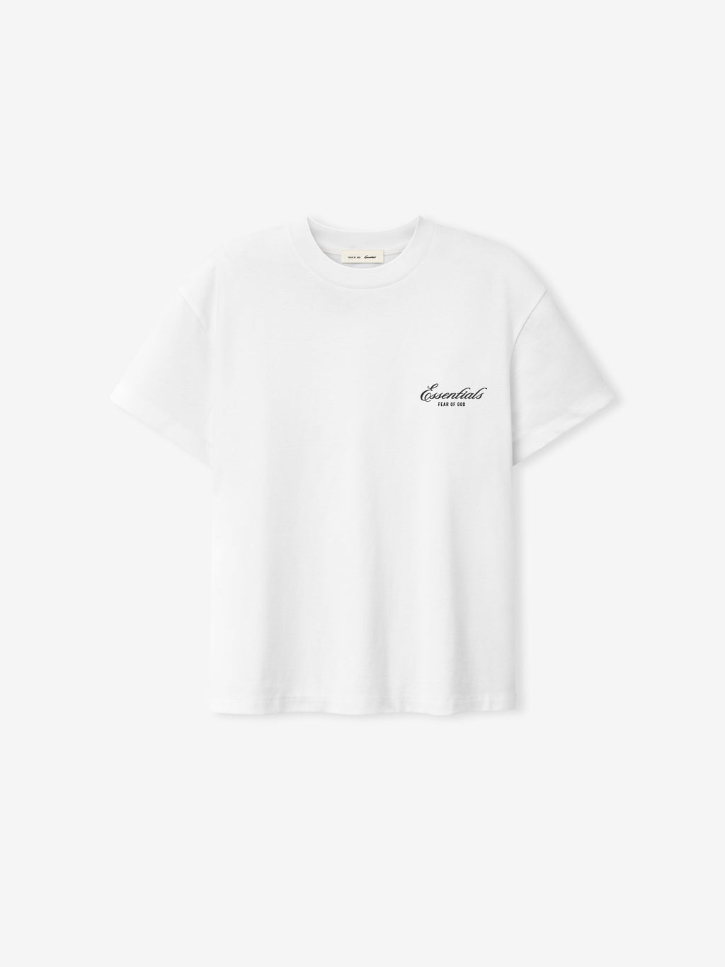 White Signature SS26 Classic Tee featuring a minimalist design with small script branding on the chest, made from soft cotton fabric for everyday wear.