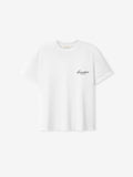 White Signature SS26 Classic Tee featuring a minimalist design with small script branding on the chest, made from soft cotton fabric for everyday wear.