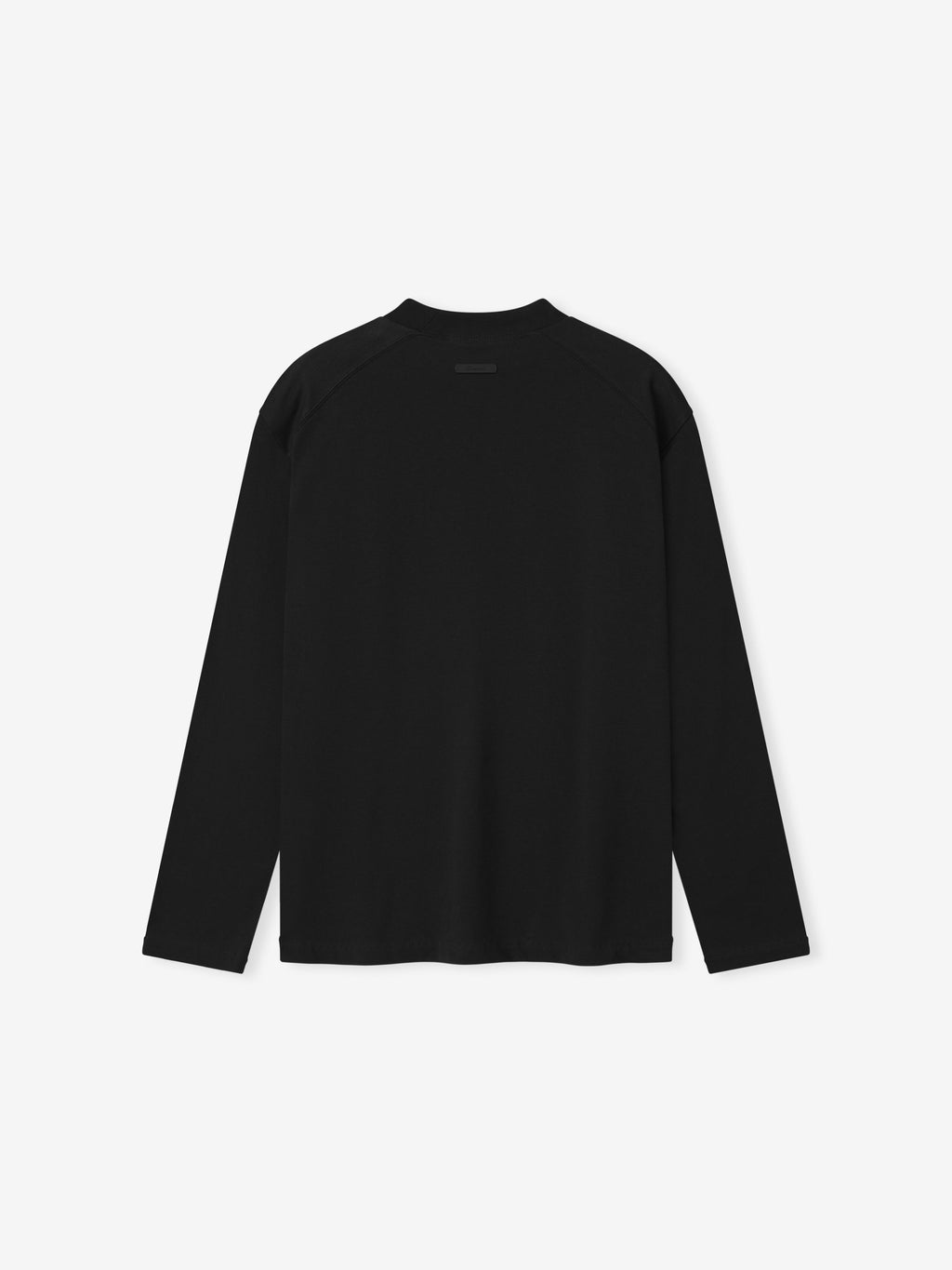 back view of black 220GSM cotton jersey women's long sleeve tee with rib-knit crewneck and subtle branded detail