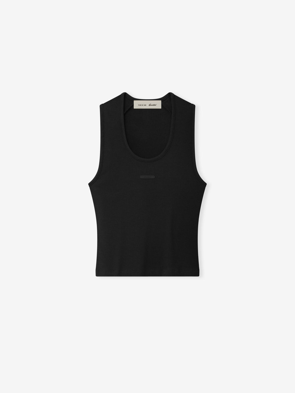 black rib knit fitted tank top with U-neck and contoured silhouette made from cotton-rayon-spandex blend