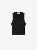 black rib knit fitted tank top with U-neck and contoured silhouette made from cotton-rayon-spandex blend