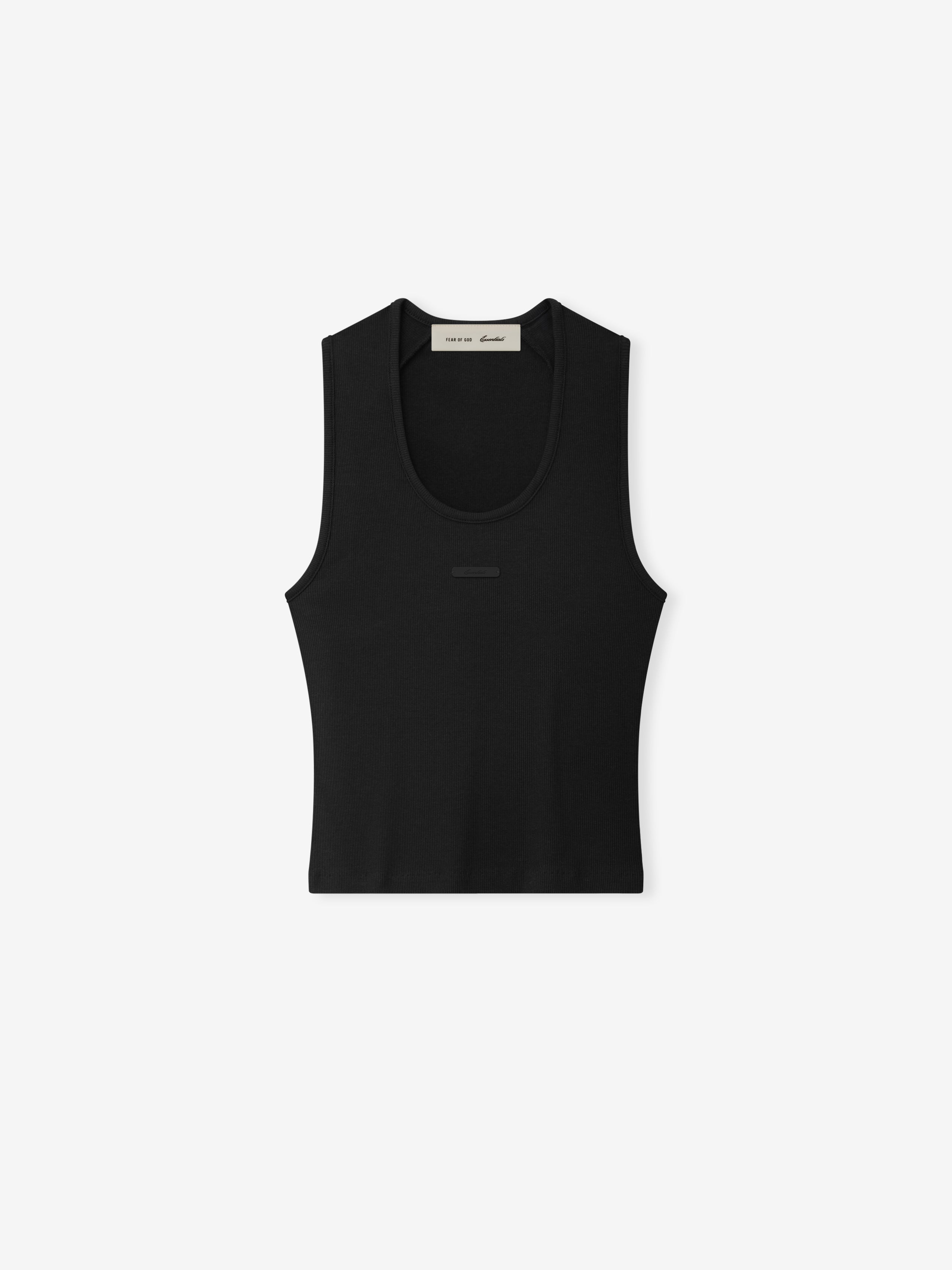 black rib knit fitted tank top with U-neck and contoured silhouette made from cotton-rayon-spandex blend