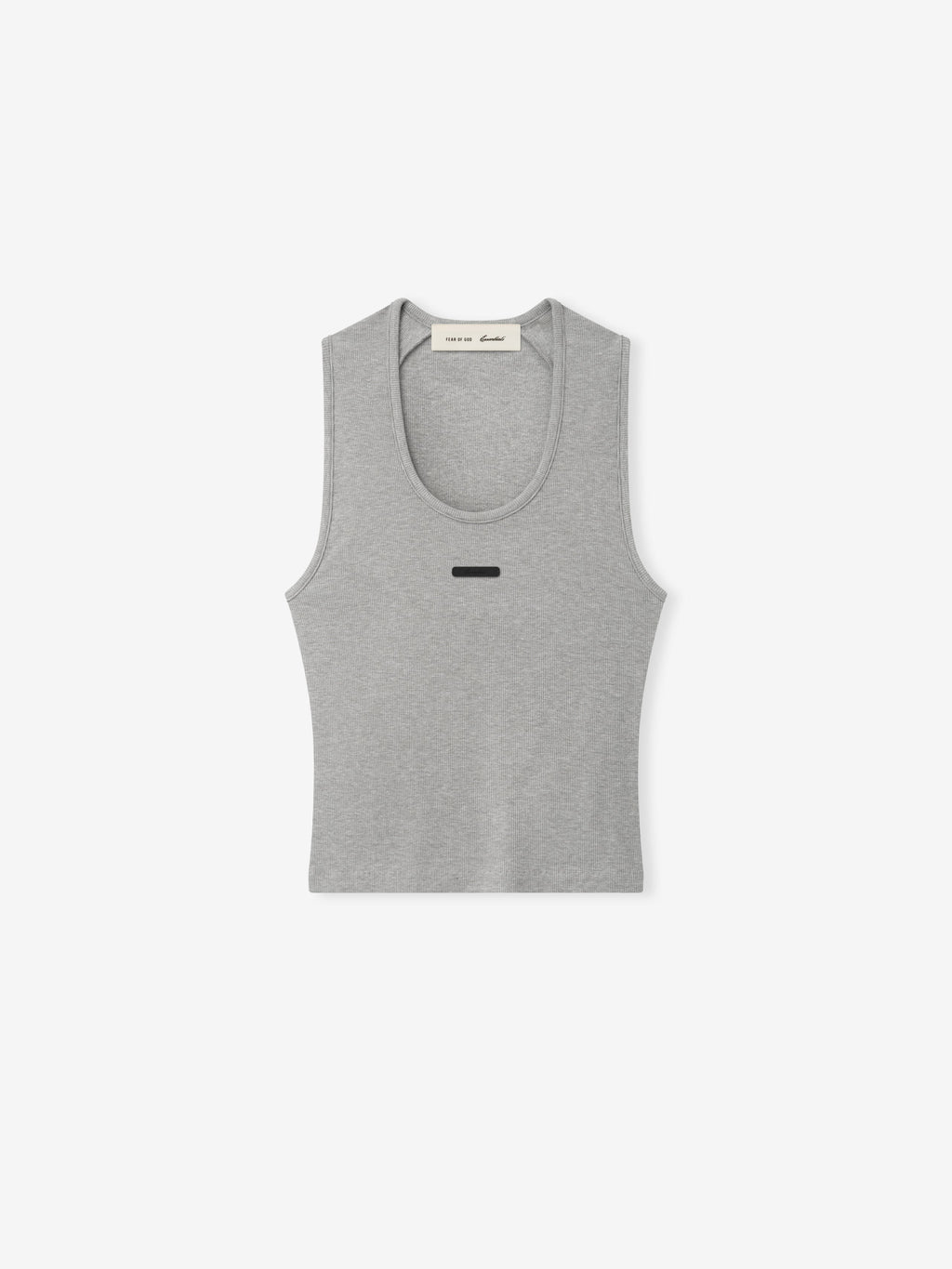 light gray rib knit cotton-rayon-spandex fitted tank top with U-neck and subtle rectangular chest detail