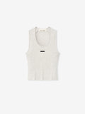 light heather gray ribbed cotton-rayon-spandex knit tank with fitted cut and U-neckline featuring small black rectangular patch