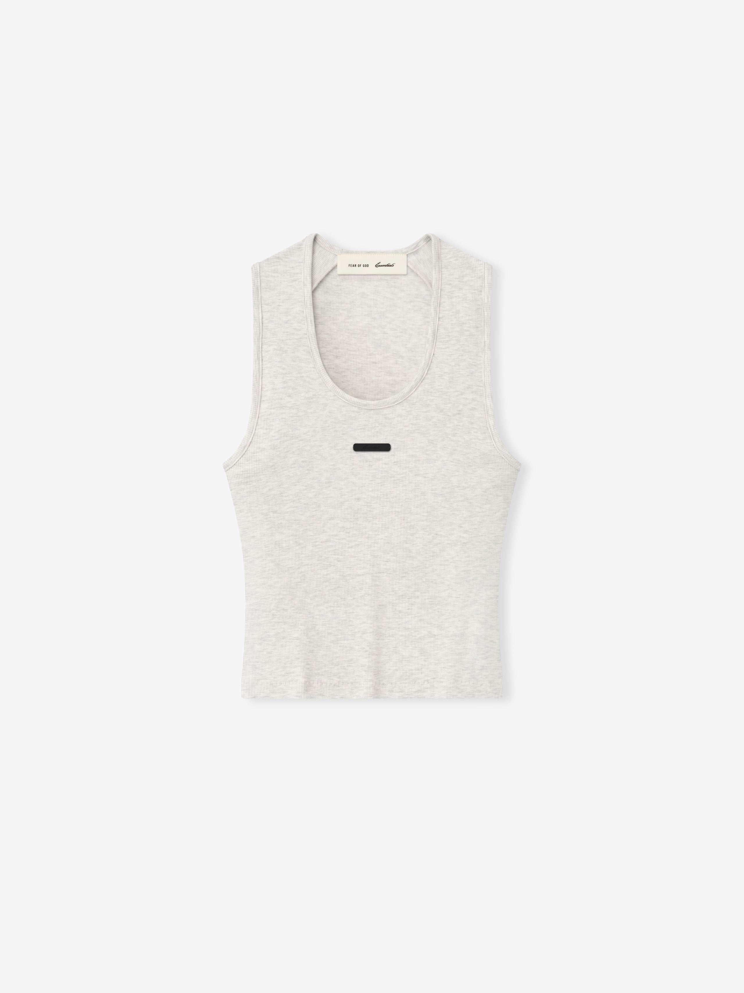 light heather gray ribbed cotton-rayon-spandex knit tank with fitted cut and U-neckline featuring small black rectangular patch