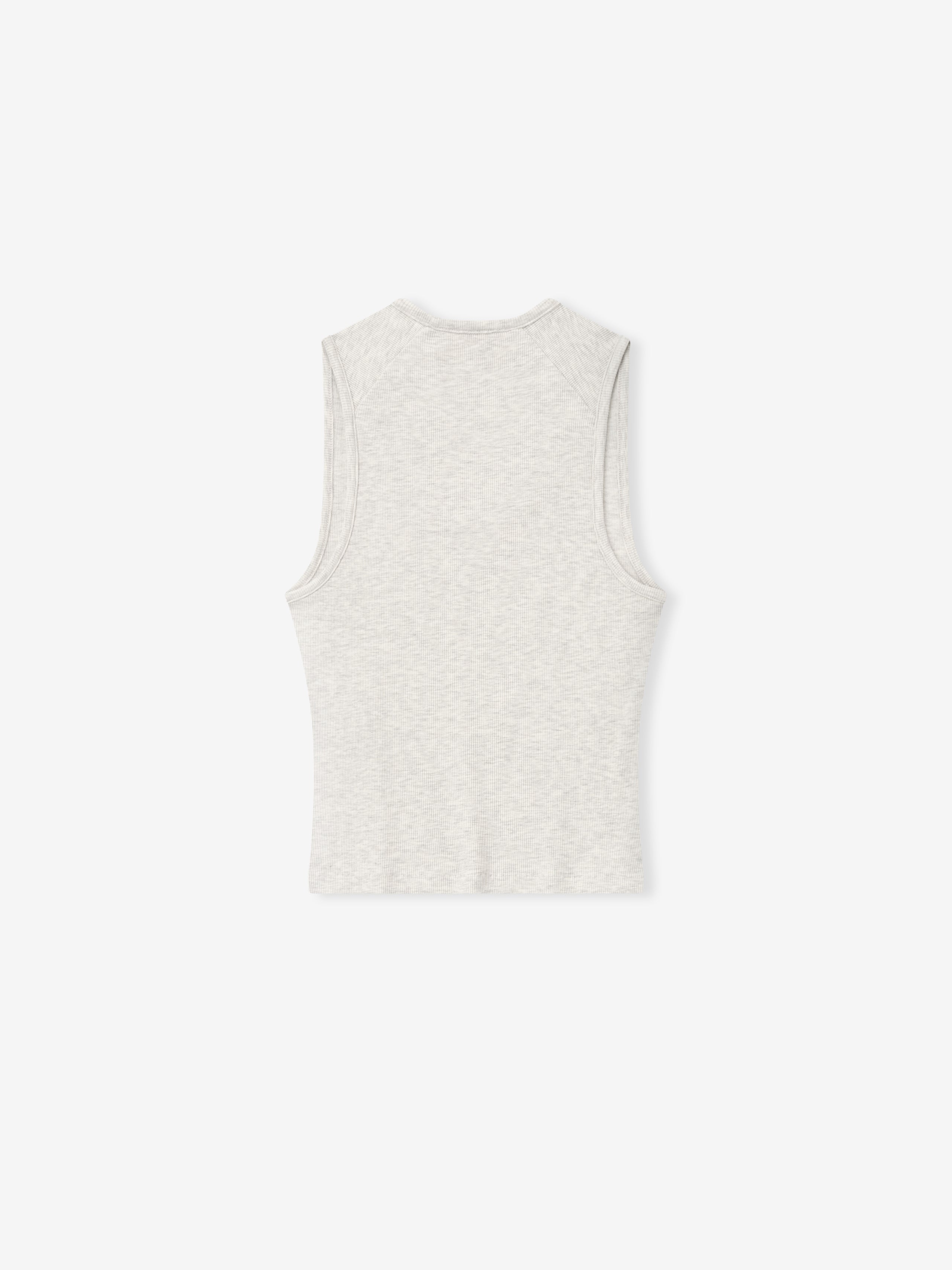 back view of light heather gray ribbed cotton-rayon-spandex fitted tank top with sleeveless design