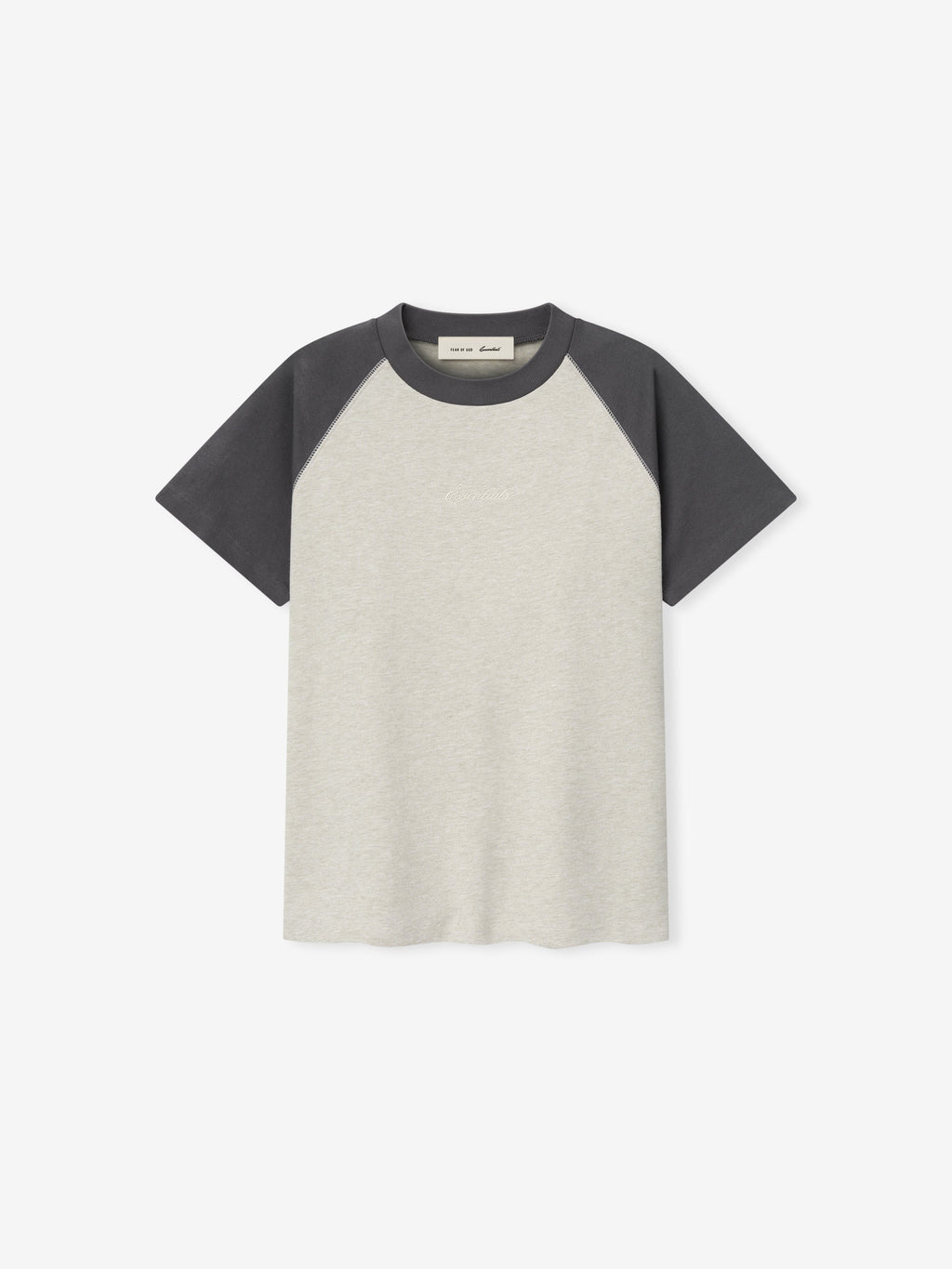 women’s classic fit baseball tee in heather gray with dark charcoal raglan sleeves and rib-knit crew neckline