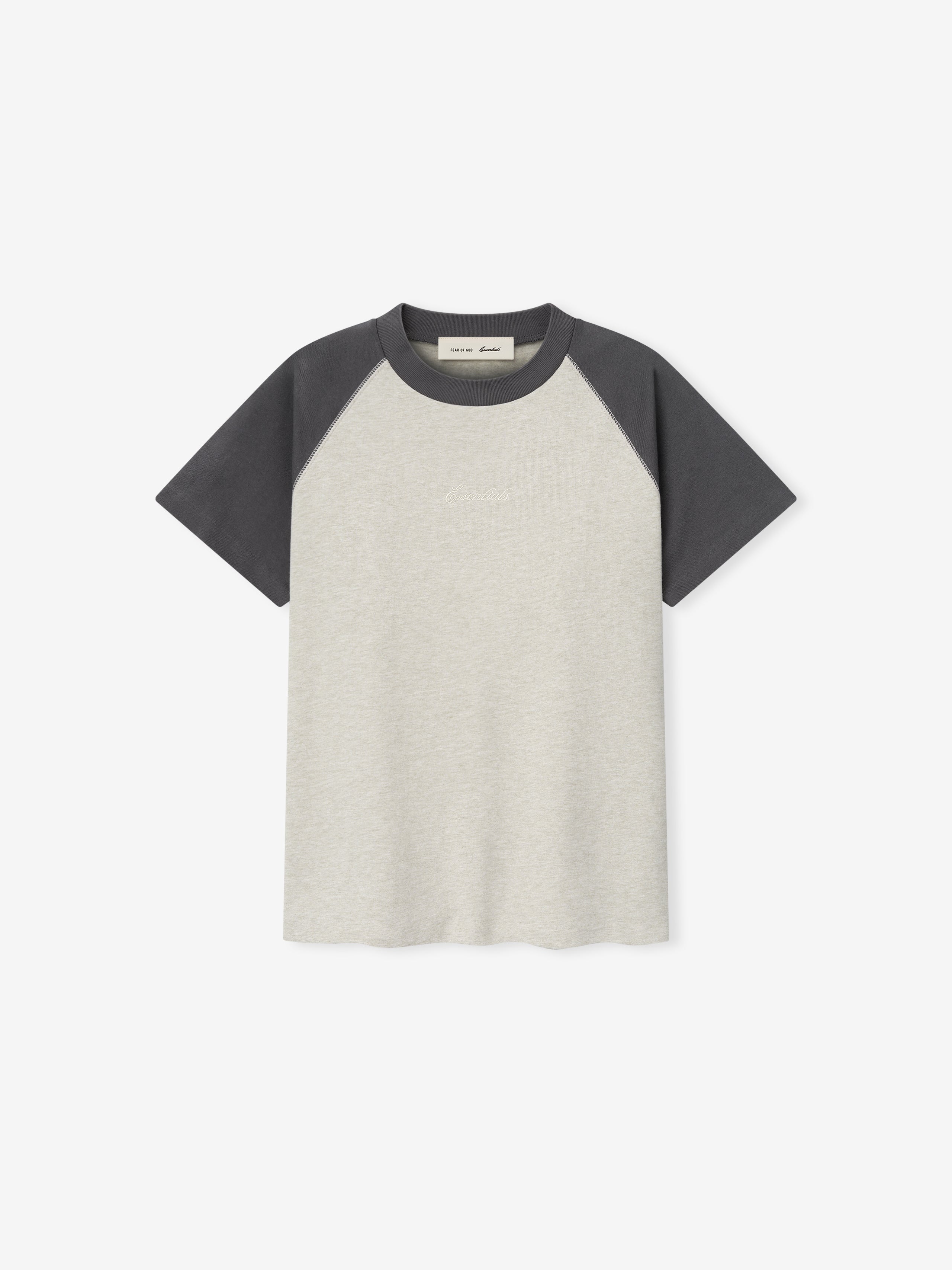 women’s classic fit baseball tee in heather gray with dark charcoal raglan sleeves and rib-knit crew neckline
