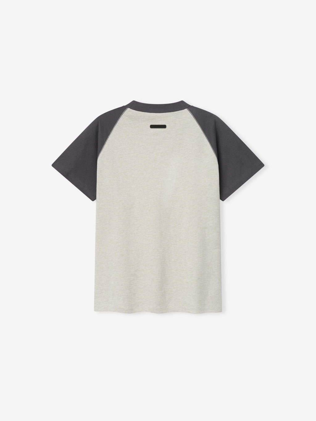 back view of womens classic fit baseball tee with light gray body and dark charcoal raglan sleeves