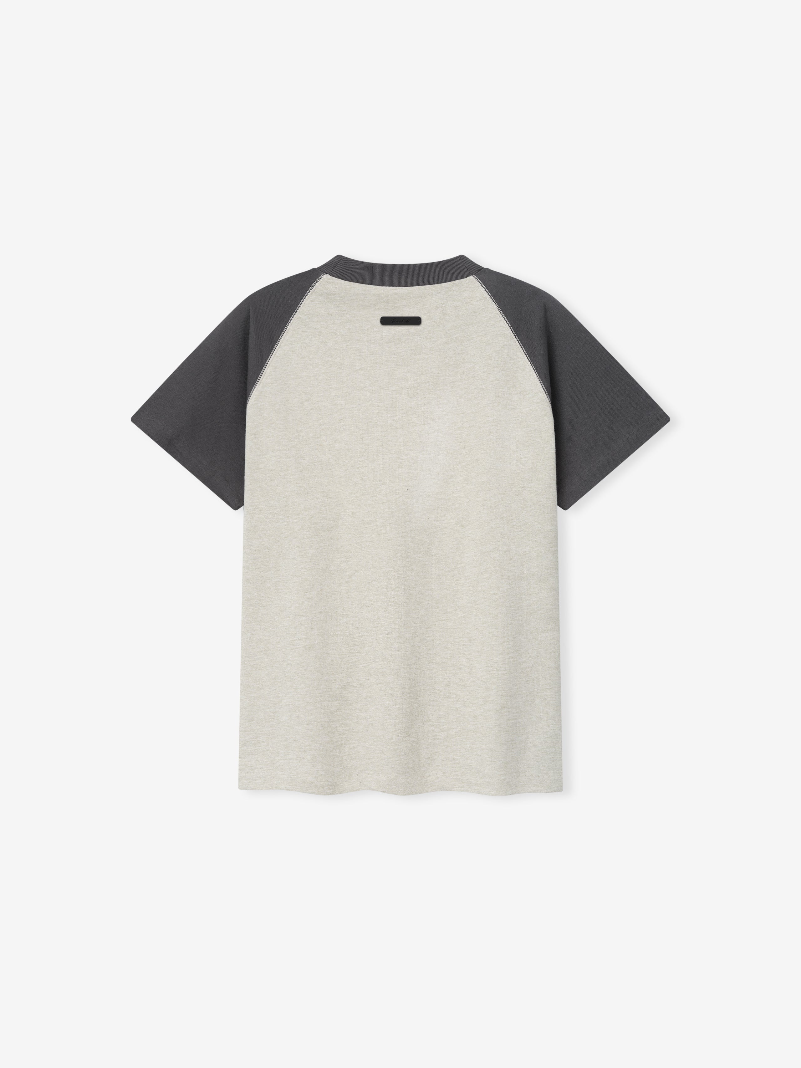 back view of womens classic fit baseball tee with light gray body and dark charcoal raglan sleeves