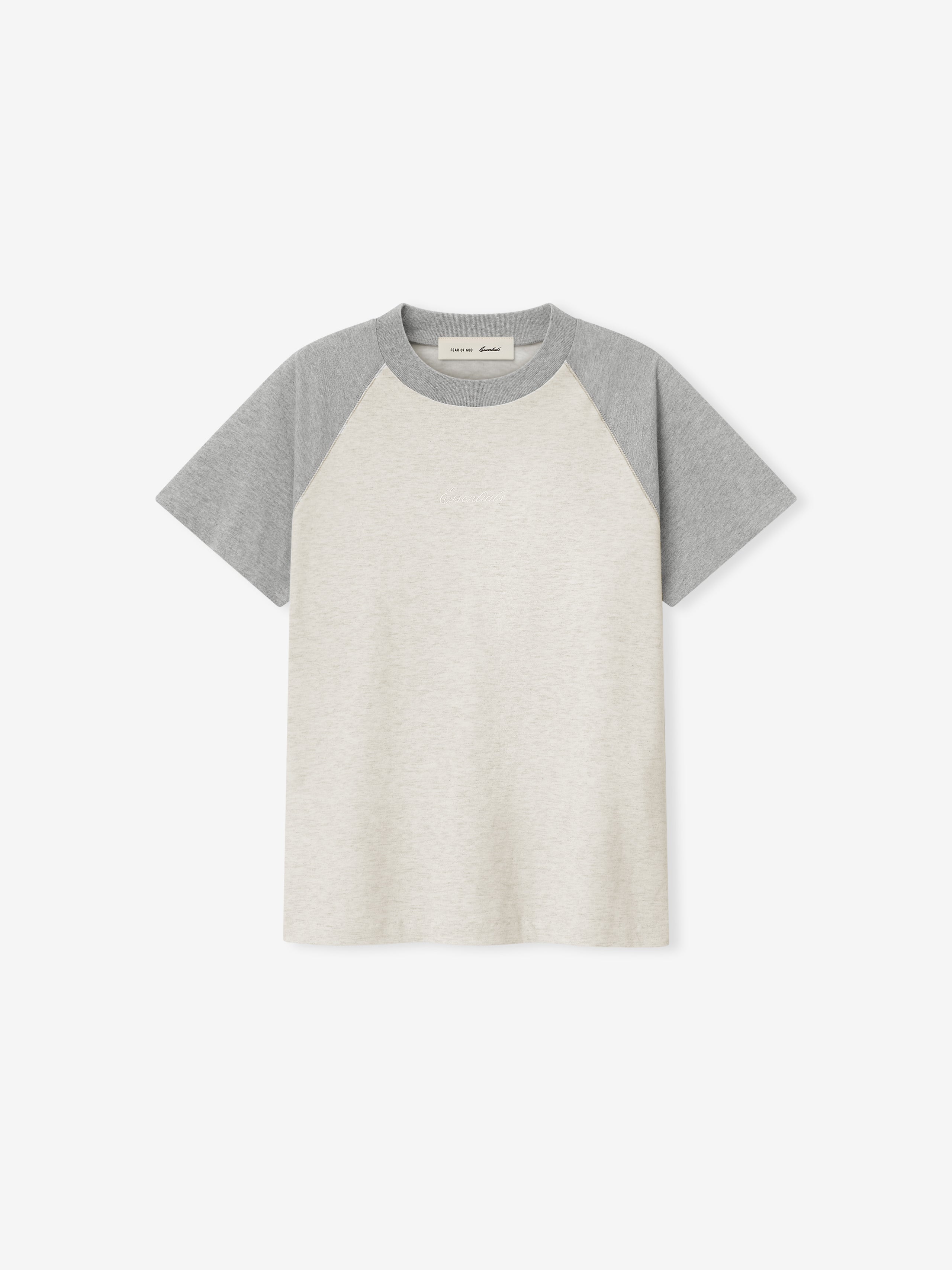 women’s short sleeve baseball tee with light heather gray body and medium gray raglan sleeves