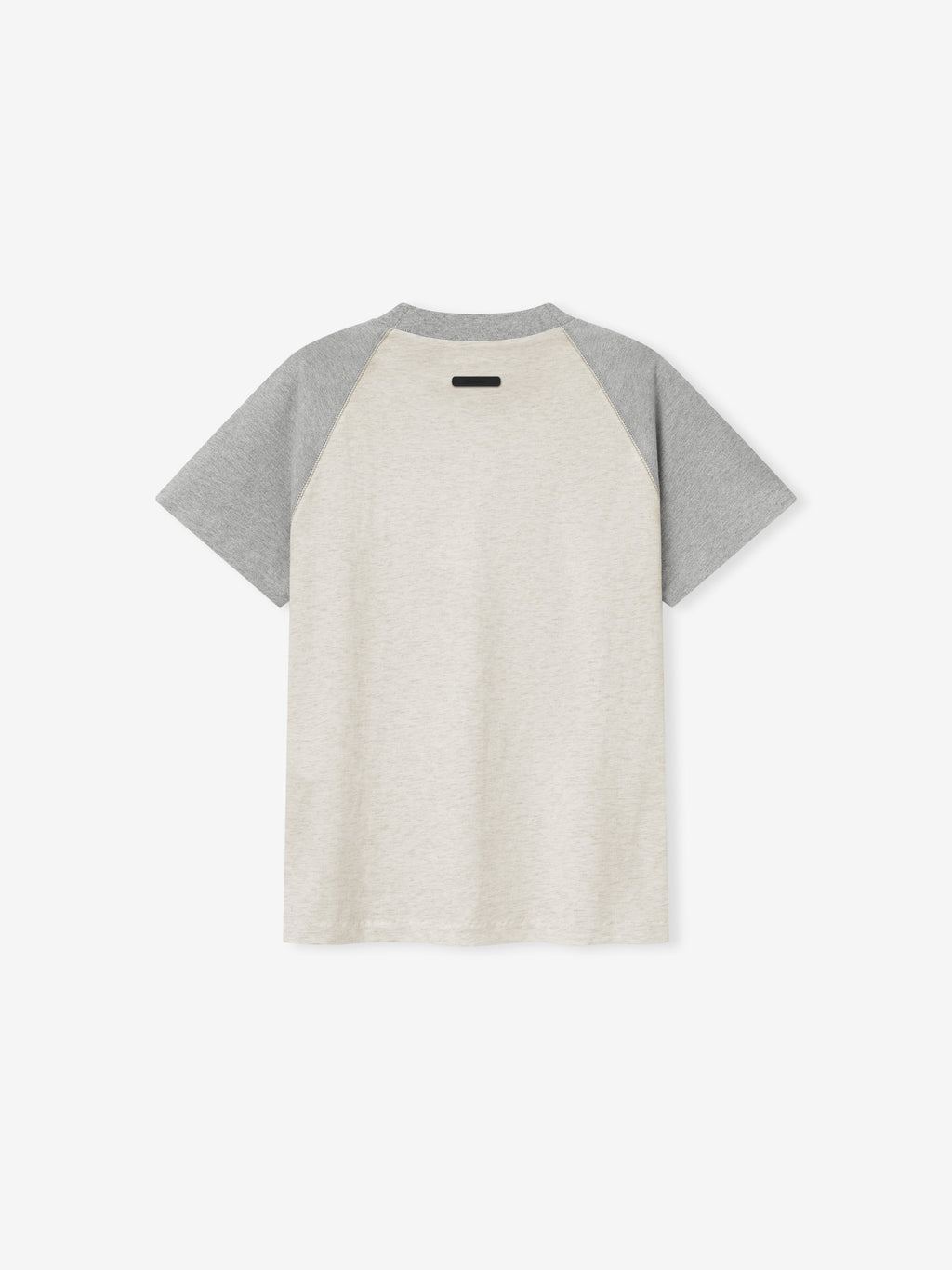 back view of womens baseball tee with light heather body and medium gray raglan sleeves and crew neckline