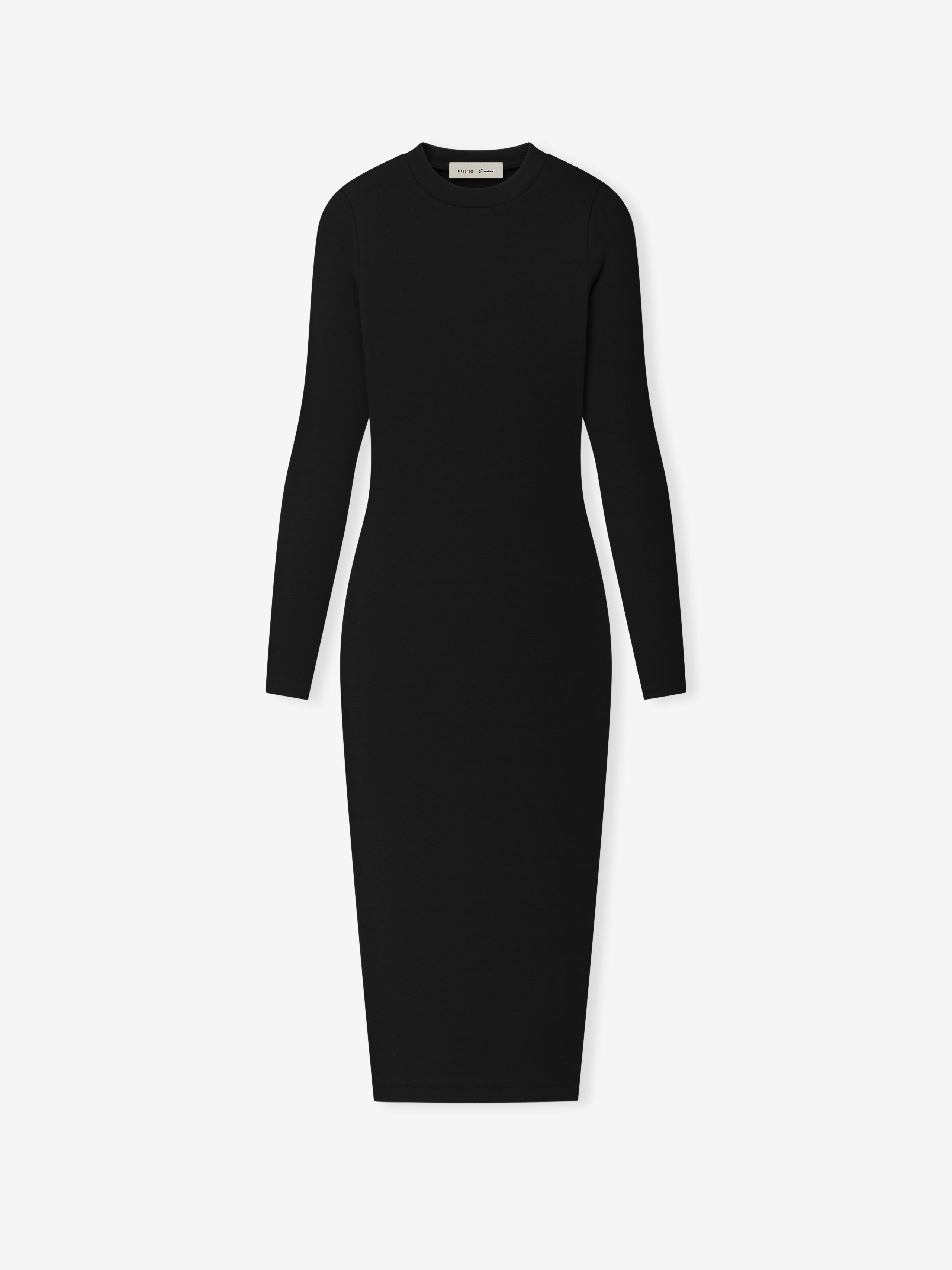 black ribbed knit fitted long sleeve dress with ankle-length silhouette and crew neckline
