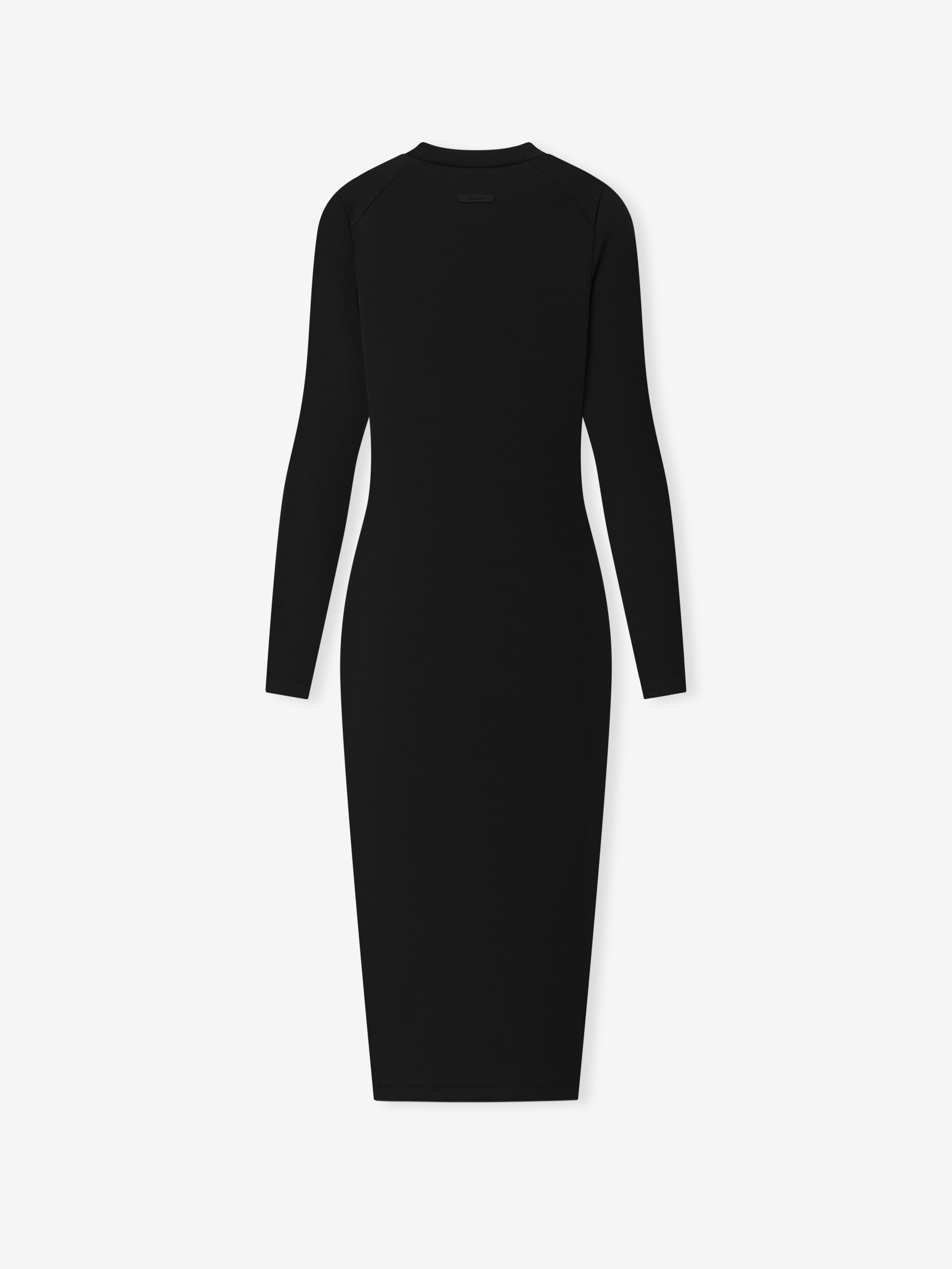 back view of black fitted ribbed knit long sleeve dress with ankle-length cut and crew neckline