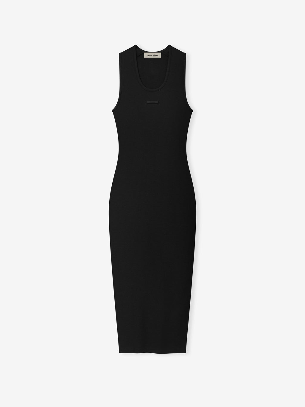 black fitted rib knit sleeveless tank dress with scoop neckline and mid-calf length silhouette