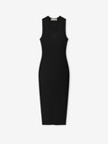 black fitted rib knit sleeveless tank dress with scoop neckline and mid-calf length silhouette