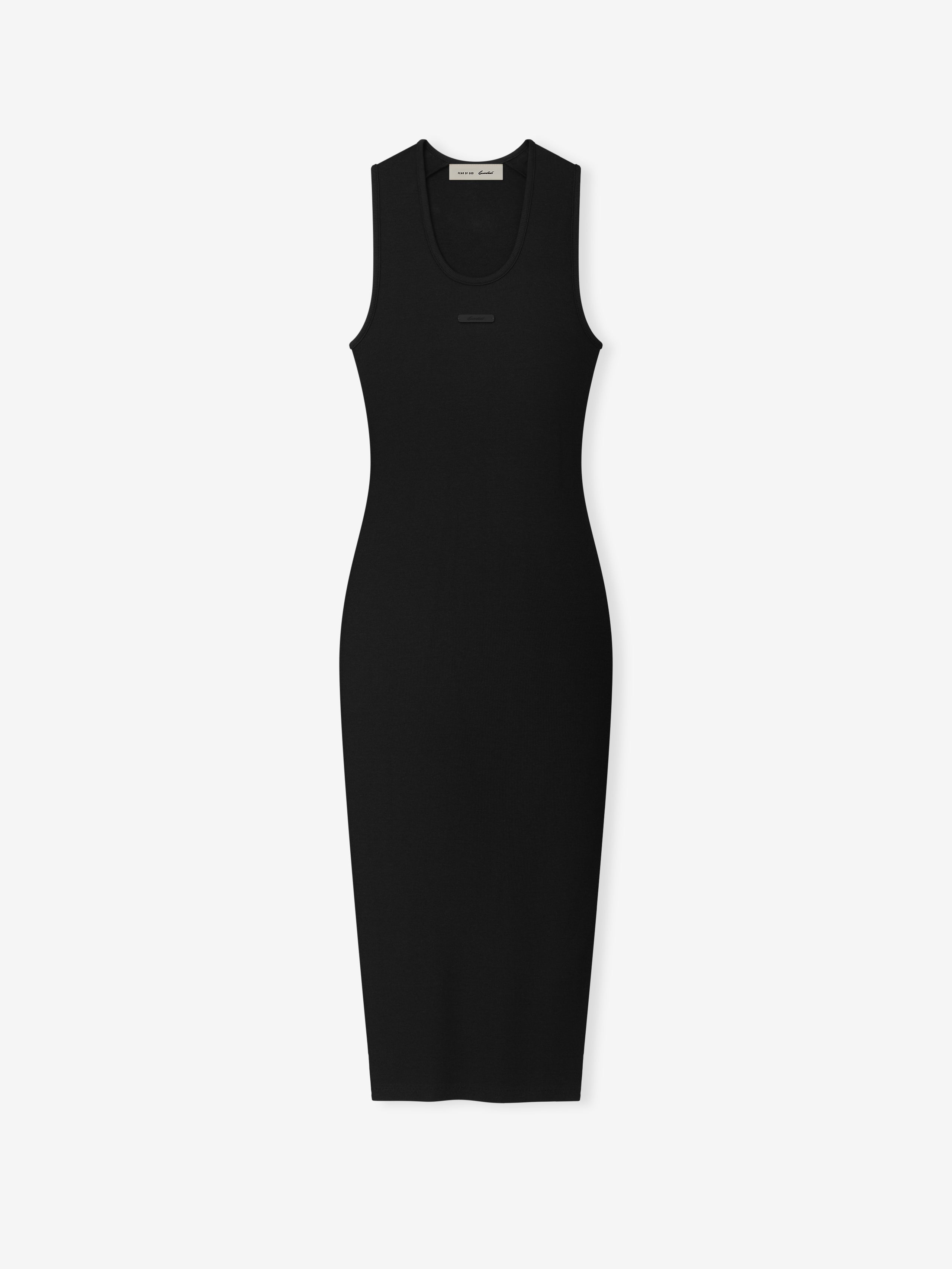black fitted rib knit sleeveless tank dress with scoop neckline and mid-calf length silhouette