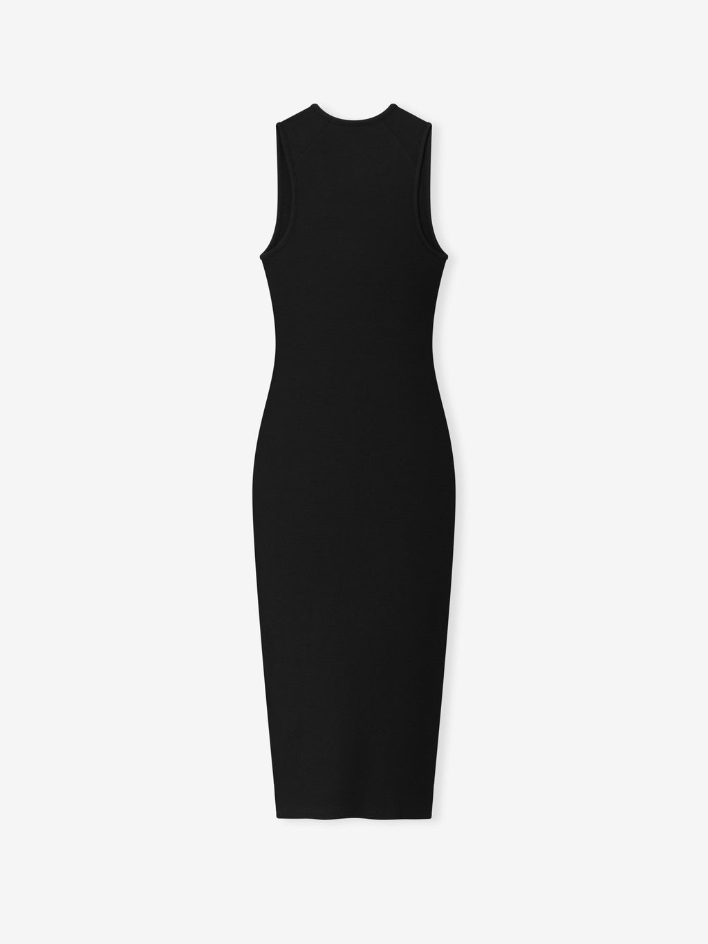 back view of black rib knit sleeveless fitted tank dress with mid-calf length and rounded neckline