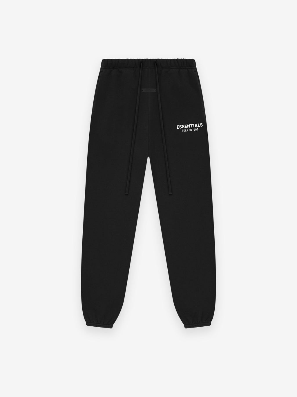 black heavyweight fleece sweatpant with elastic waistband, cuffs, and white Essentials Fear of God logo on thigh