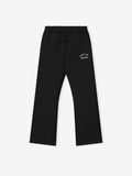 black relaxed fit fleece sweatpant with flared leg and curved Fear of God Essentials embroidery on thigh