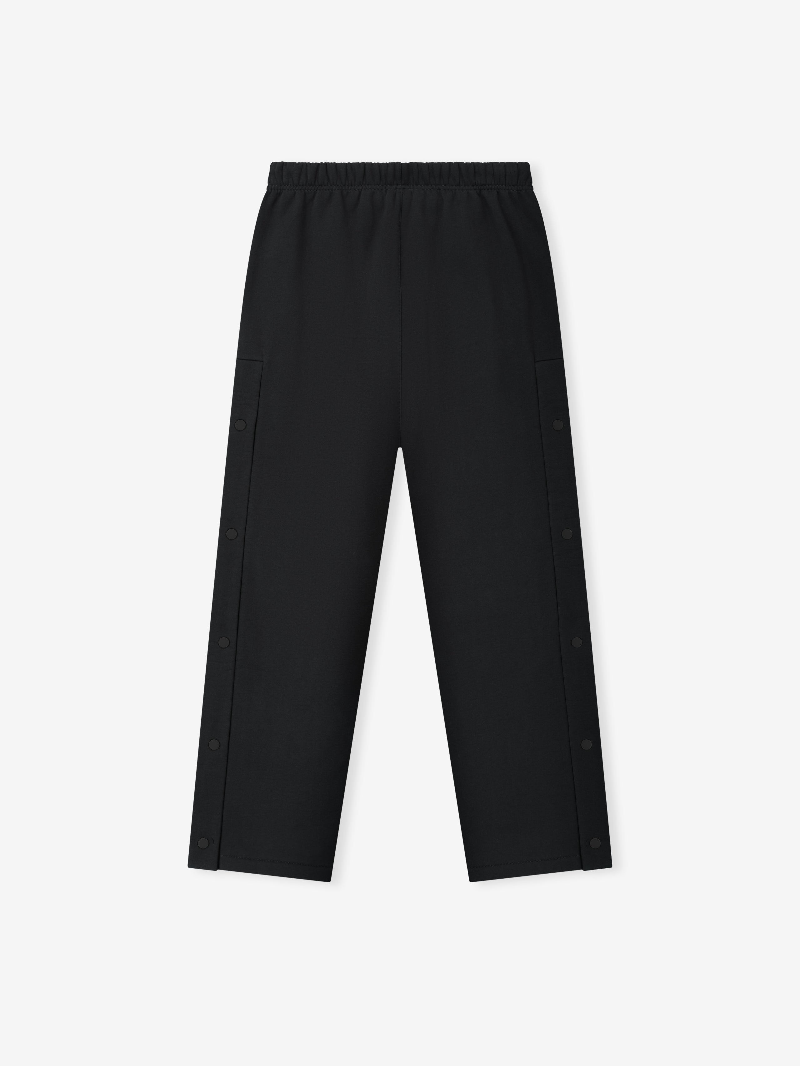 black heavyweight cotton fleece tearaway sweatpants with snap button side panels and elastic waistband