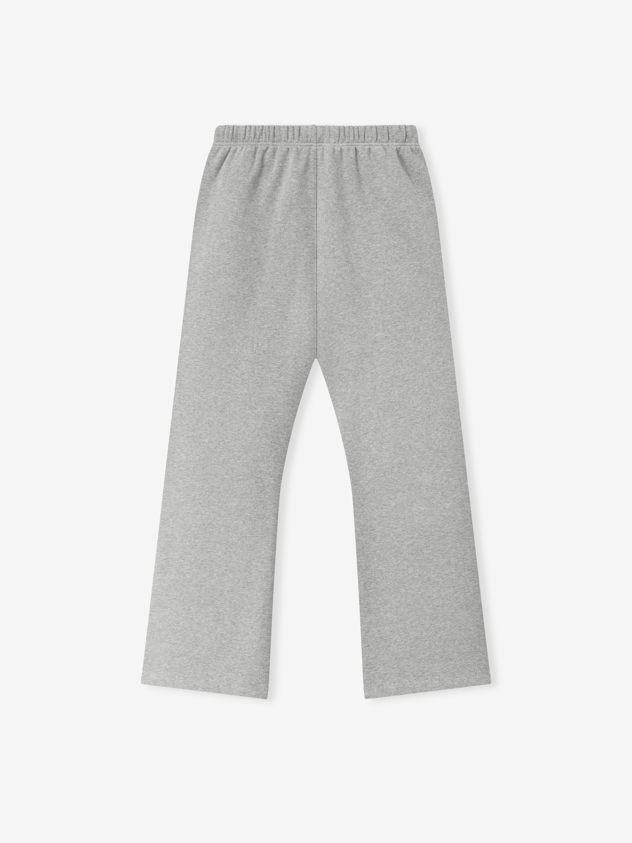 grey heavyweight cotton fleece sweatpants with relaxed fit flare leg and elastic waistband, no visible logos or embellishments