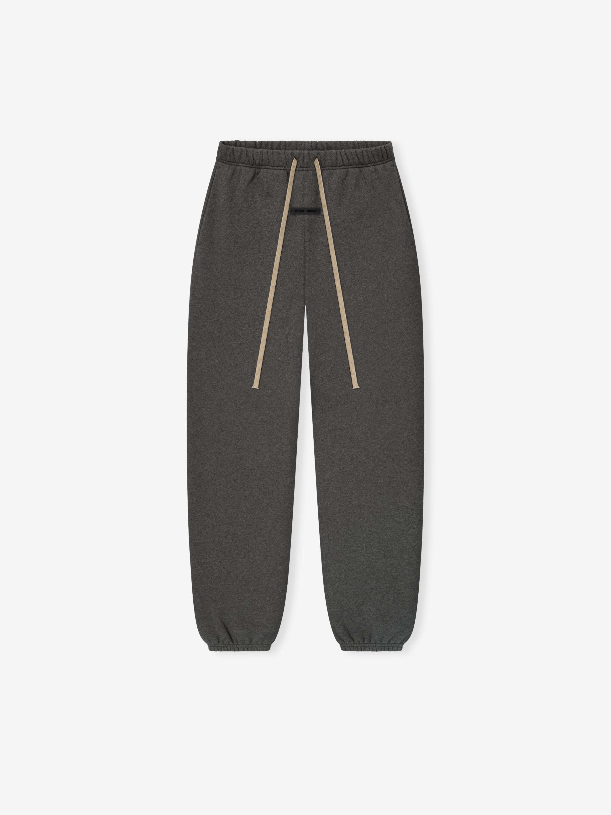 Charcoal heather Womens Classic Sweatpant with beige drawstrings laid flat showing elastic waistband and cuffed ankles, gallery 0.