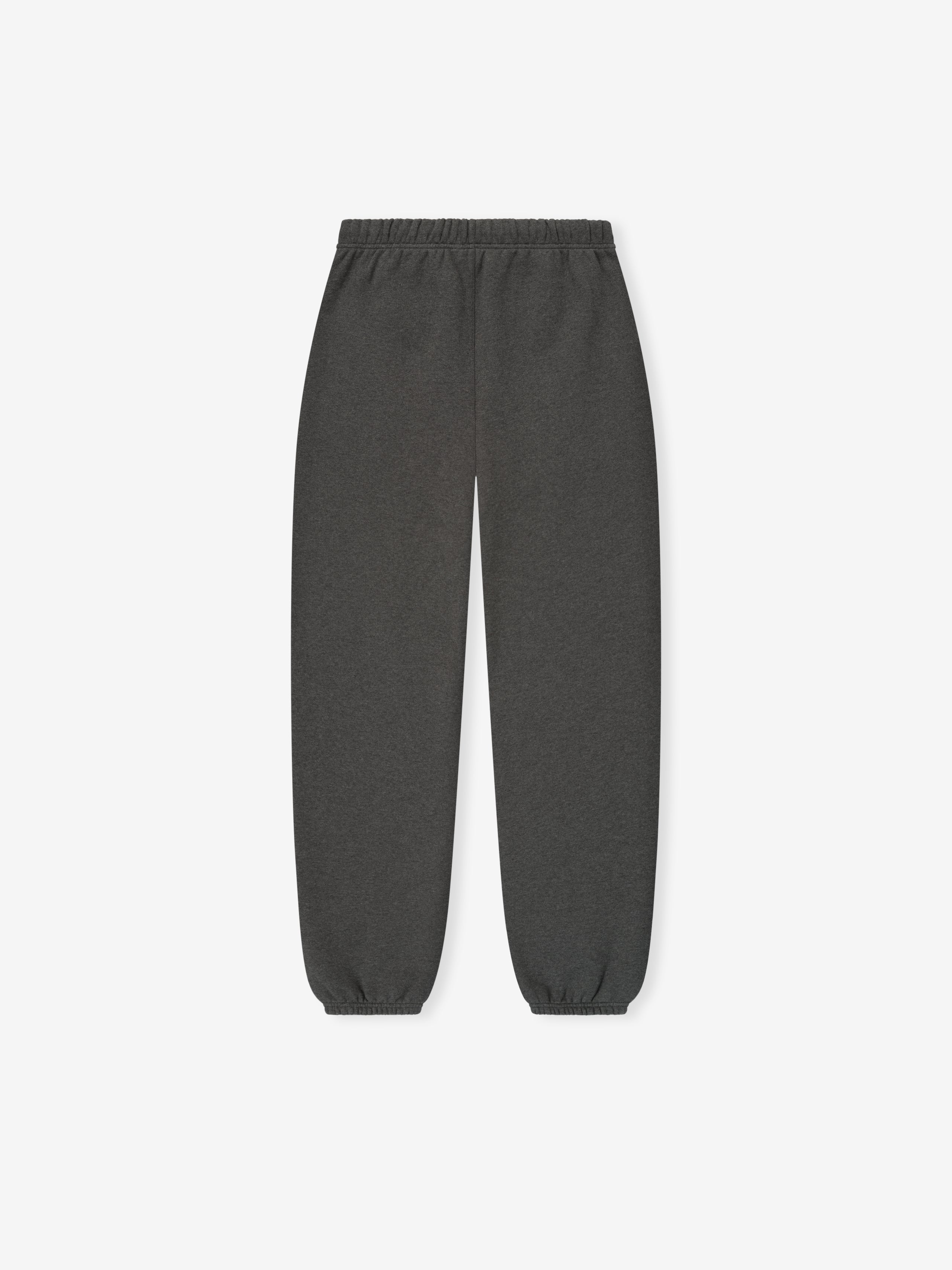 Charcoal heather Womens Classic Sweatpant laid flat with elastic cuffs and waistband, gallery position 0, file 130HO255641FW.