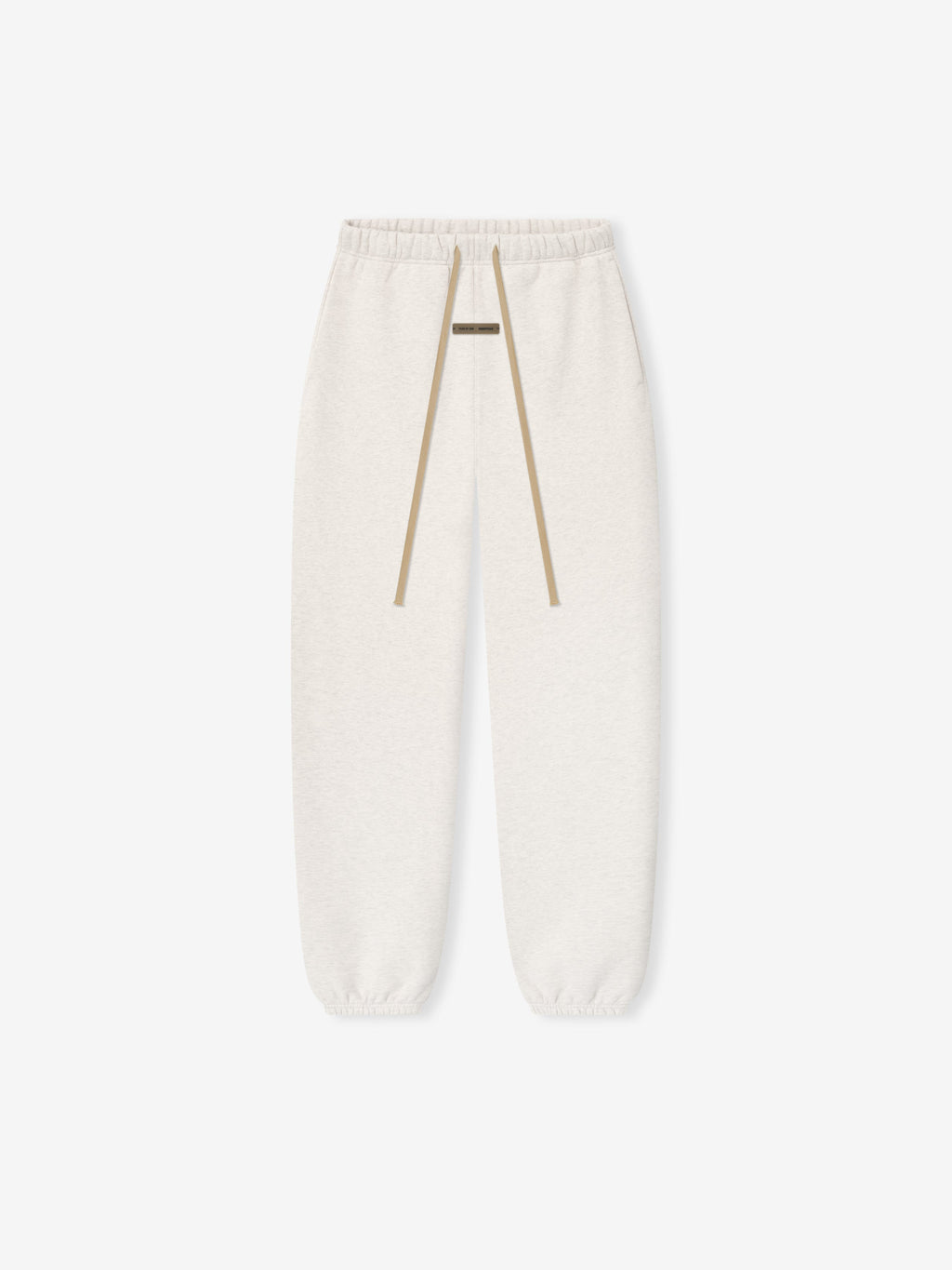 Flat lay of oatmeal heather womens classic sweatpant with beige drawstring and elastic cuffs on white background