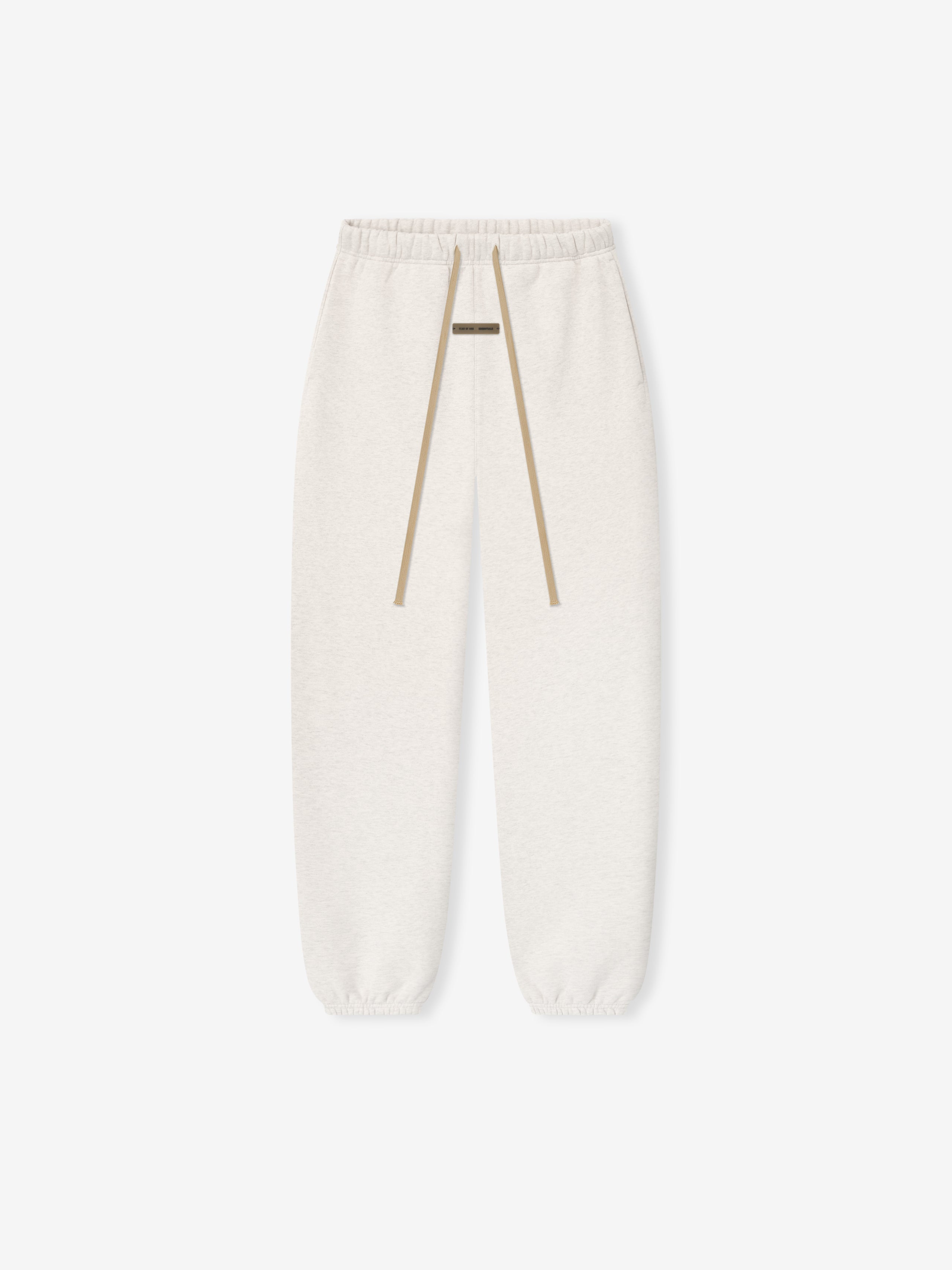 Flat lay of oatmeal heather womens classic sweatpant with beige drawstring and elastic cuffs on white background