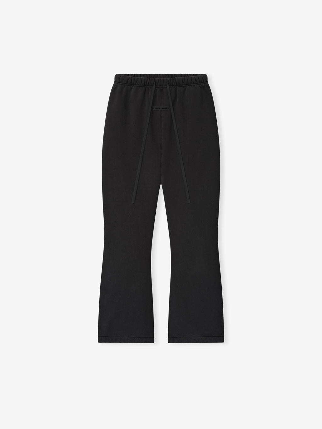 Flat lay of vintage black Womens Heavy Fleece Flare Sweatpant with elastic waistband and long drawstrings on light background