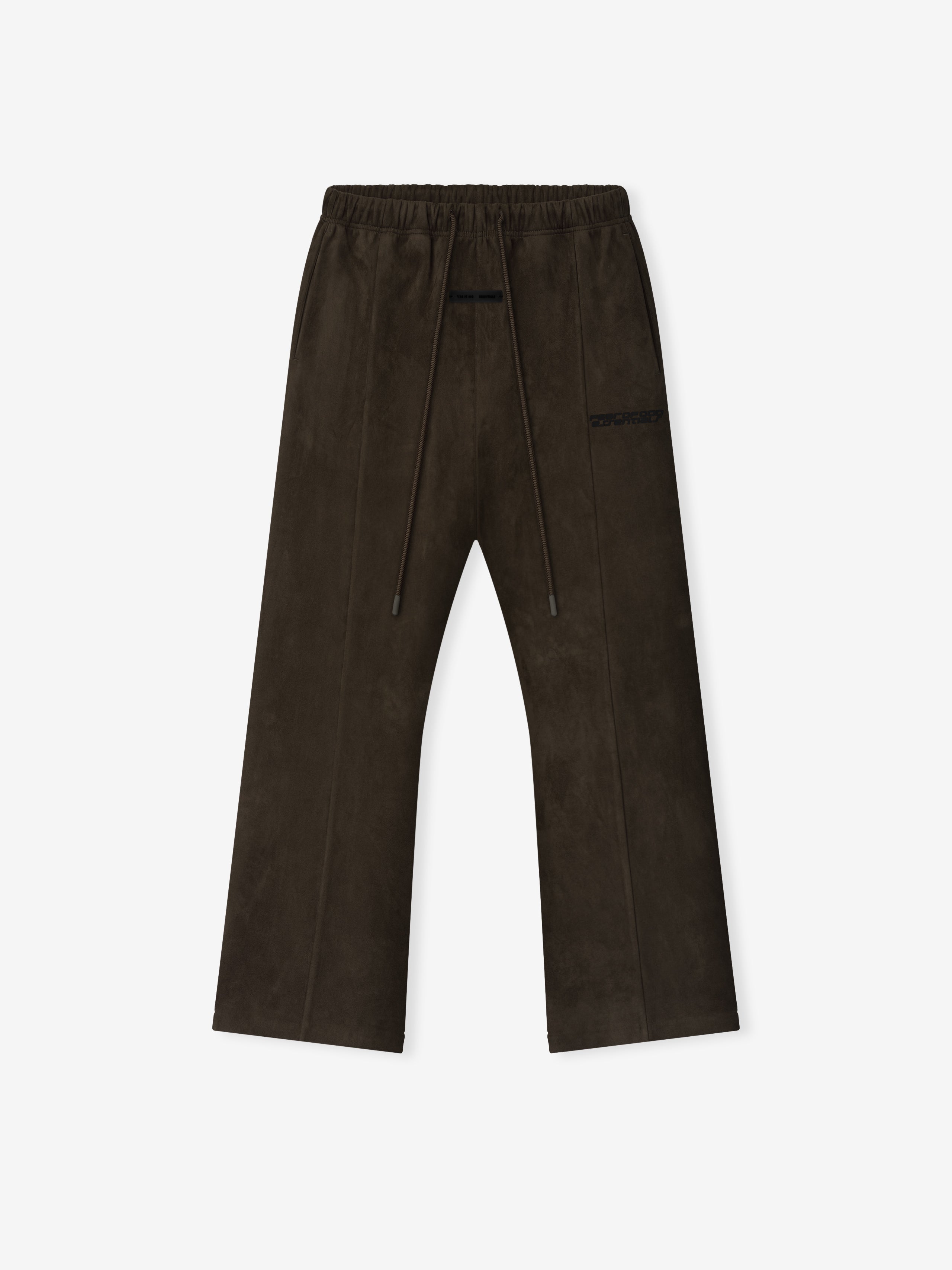 Top-down view of brown Suede Fleece Flare Pant featuring elastic waistband with drawstrings on white background