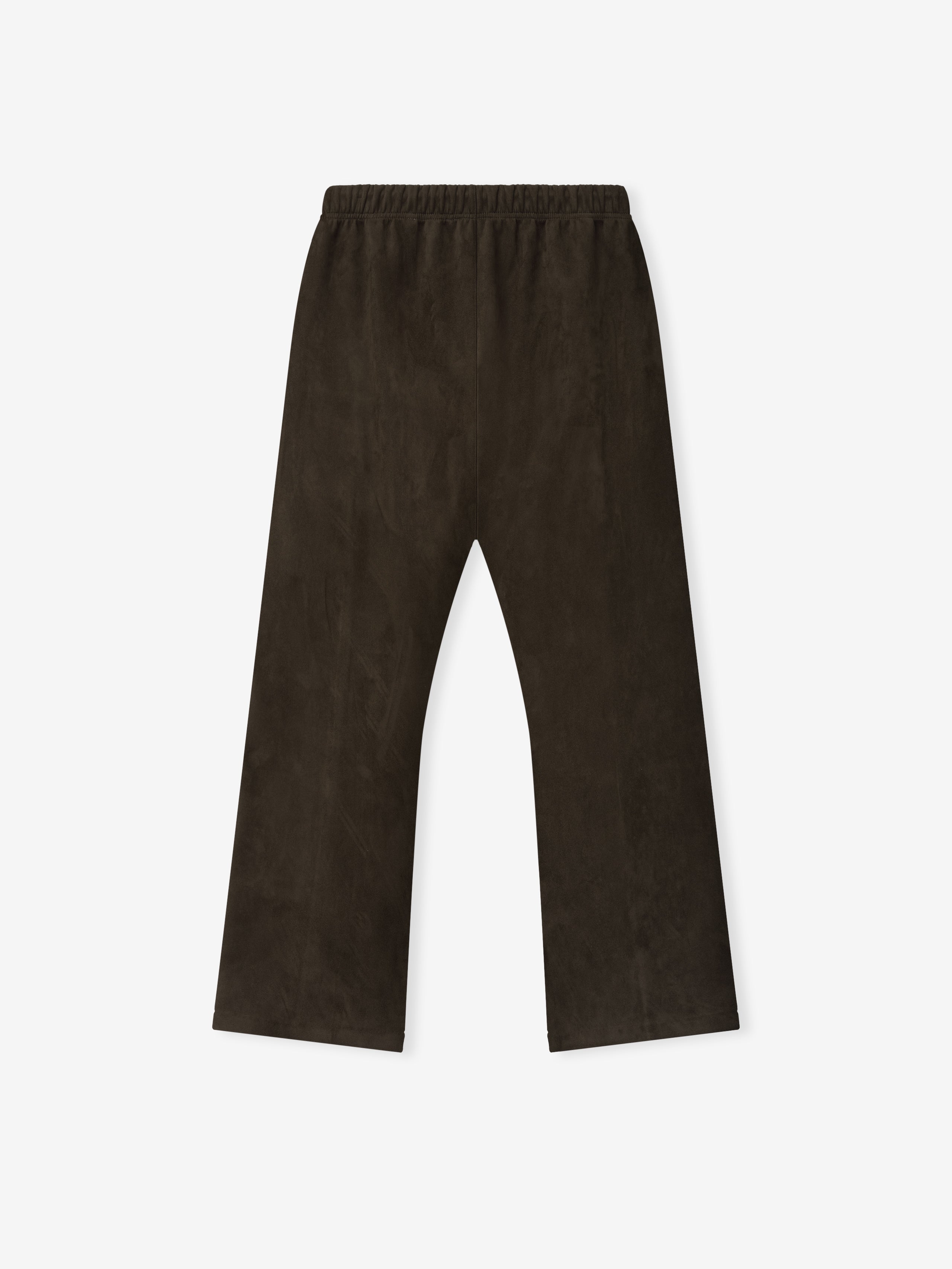Flat lay of brown Suede Fleece Flare Pant with elastic waistband and smooth texture on white background