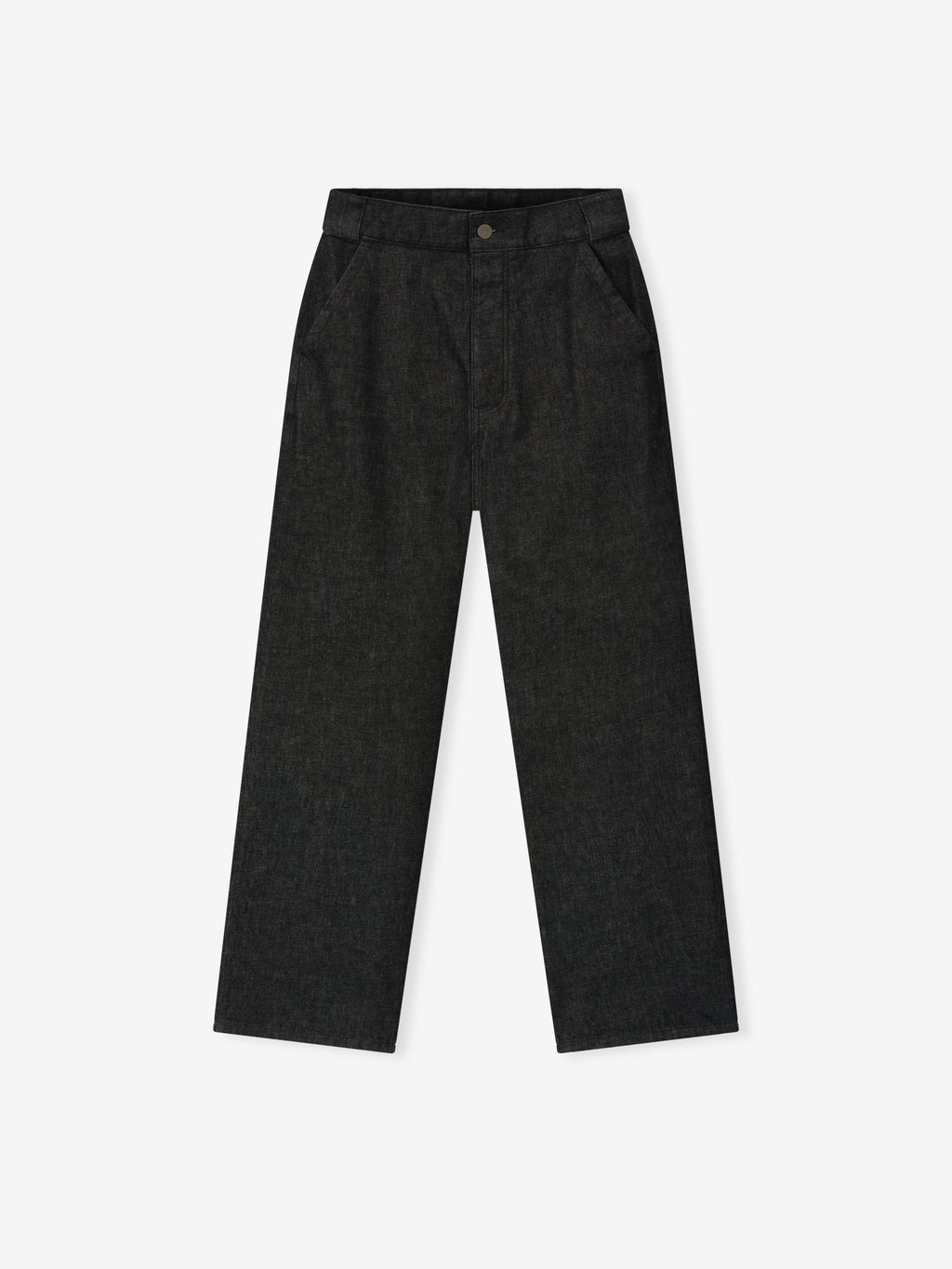 Vintage black denim work pants with straight leg cut and front pockets laid flat on white background