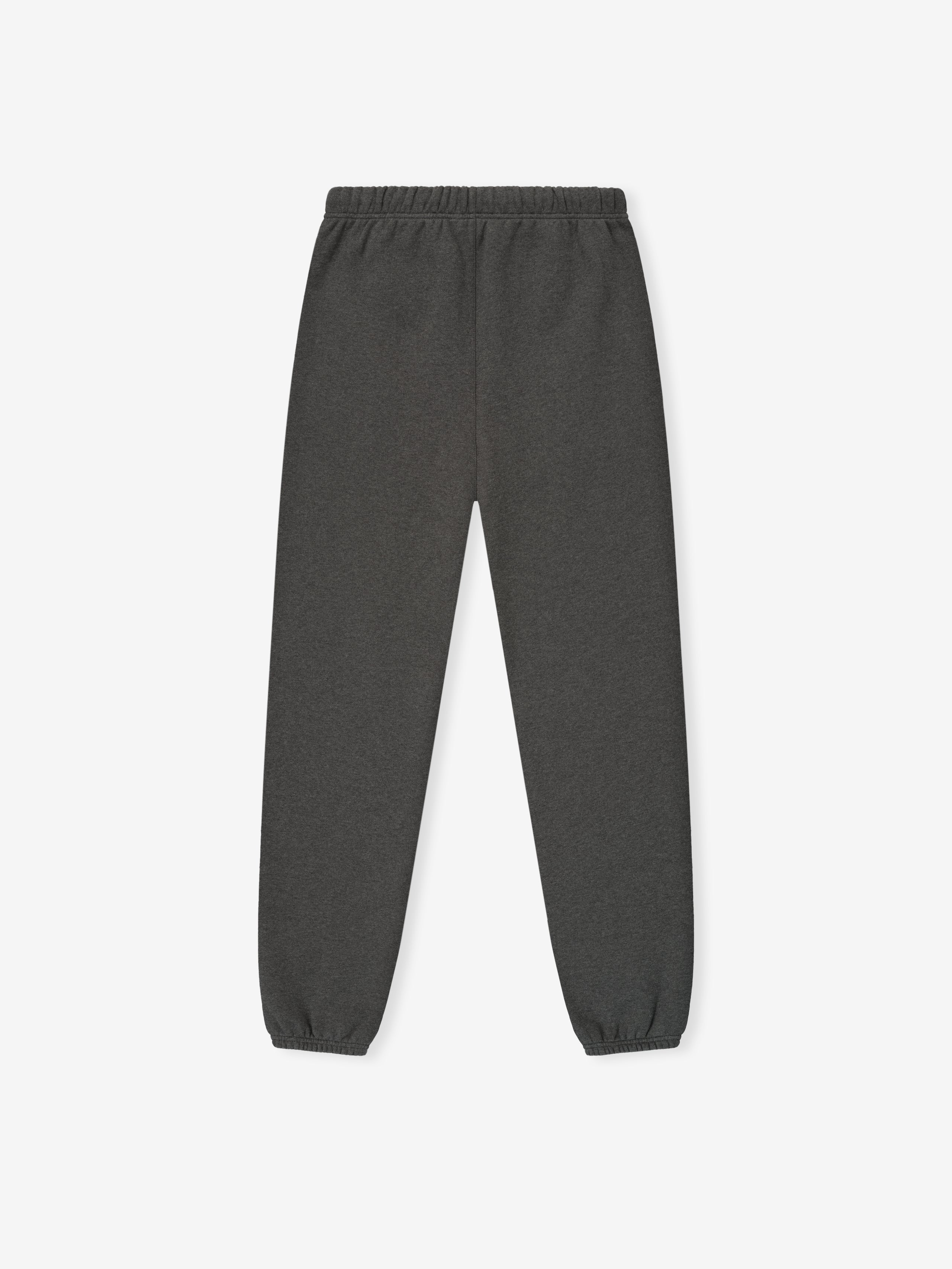 Flat lay of charcoal heather Classic Sweatpant with elastic waistband and cuffs on a clean light background